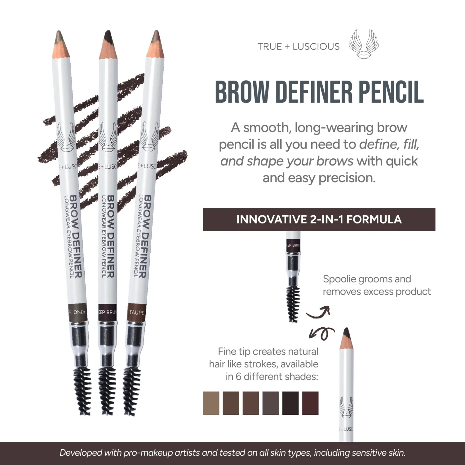 True + Luscious Brow Definer Pencil | Pomade and Powder Combo with Organic Castor Oil | Fills Shapes Eyebrows Waterproof Long-Lasting Vegan Cruelty-Free Clean Waterproof | Cool Brunette