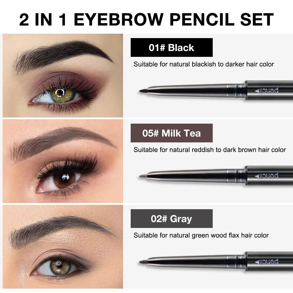 5 Pcs Dual-Sided Auto-rotate Ultra-Fine Tip Eye Brow Pencils Pack,Draws Tiny Precise Brow Makeup, Defines, Fills Brows, Shapes, Contours, Combs, ‌1mm Pen Point (2*Black+2*Tea+Gray)