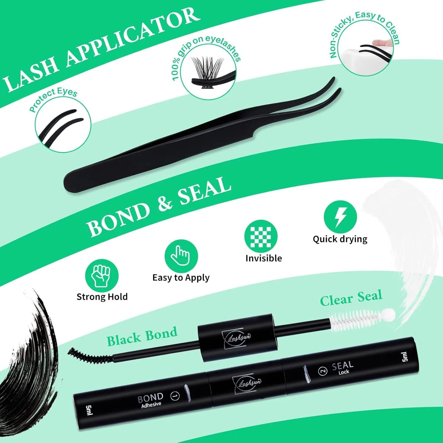 Cluster Lashes Kit Lash Extension Kit+Bottom Lashes+Spikes Individual Eyelash Extensions with Lash Bond and Seal,Lash Tweezers DIY Lashes At Home (Green-002)