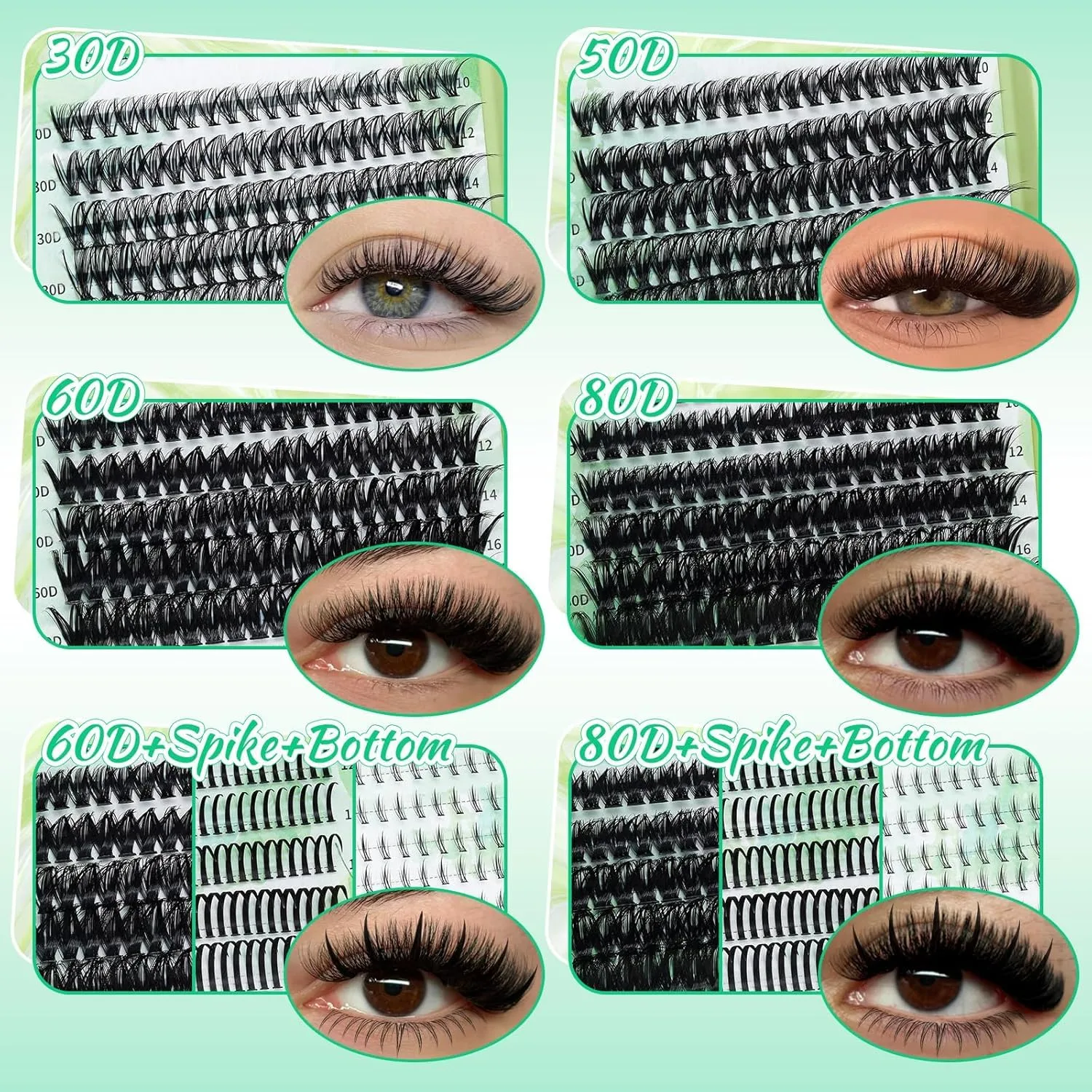 Cluster Lashes Kit Lash Extension Kit+Bottom Lashes+Spikes Individual Eyelash Extensions with Lash Bond and Seal,Lash Tweezers DIY Lashes At Home (Green-002)