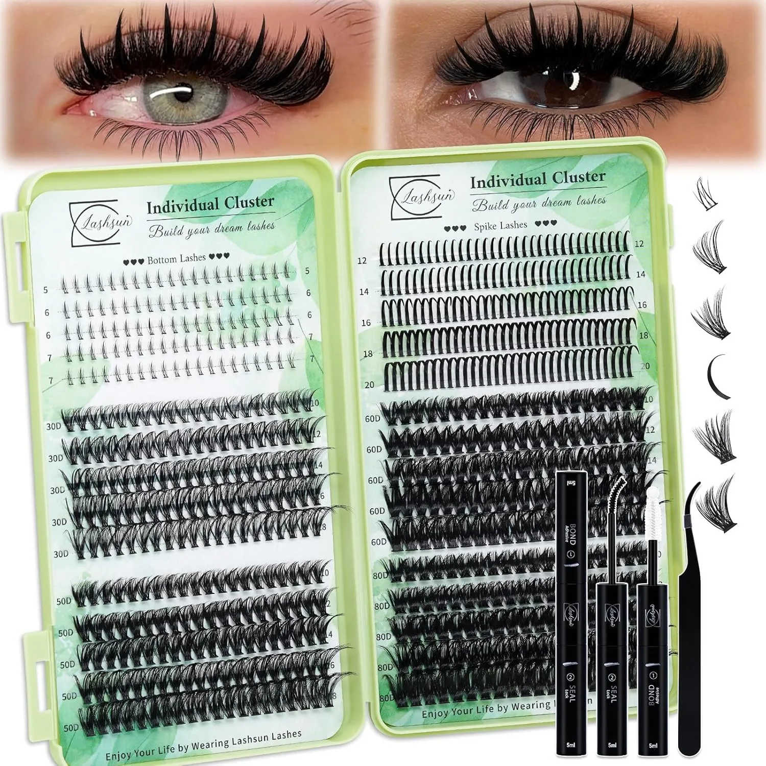 Cluster Lashes Kit Lash Extension Kit+Bottom Lashes+Spikes Individual Eyelash Extensions with Lash Bond and Seal,Lash Tweezers DIY Lashes At Home (Green-002)