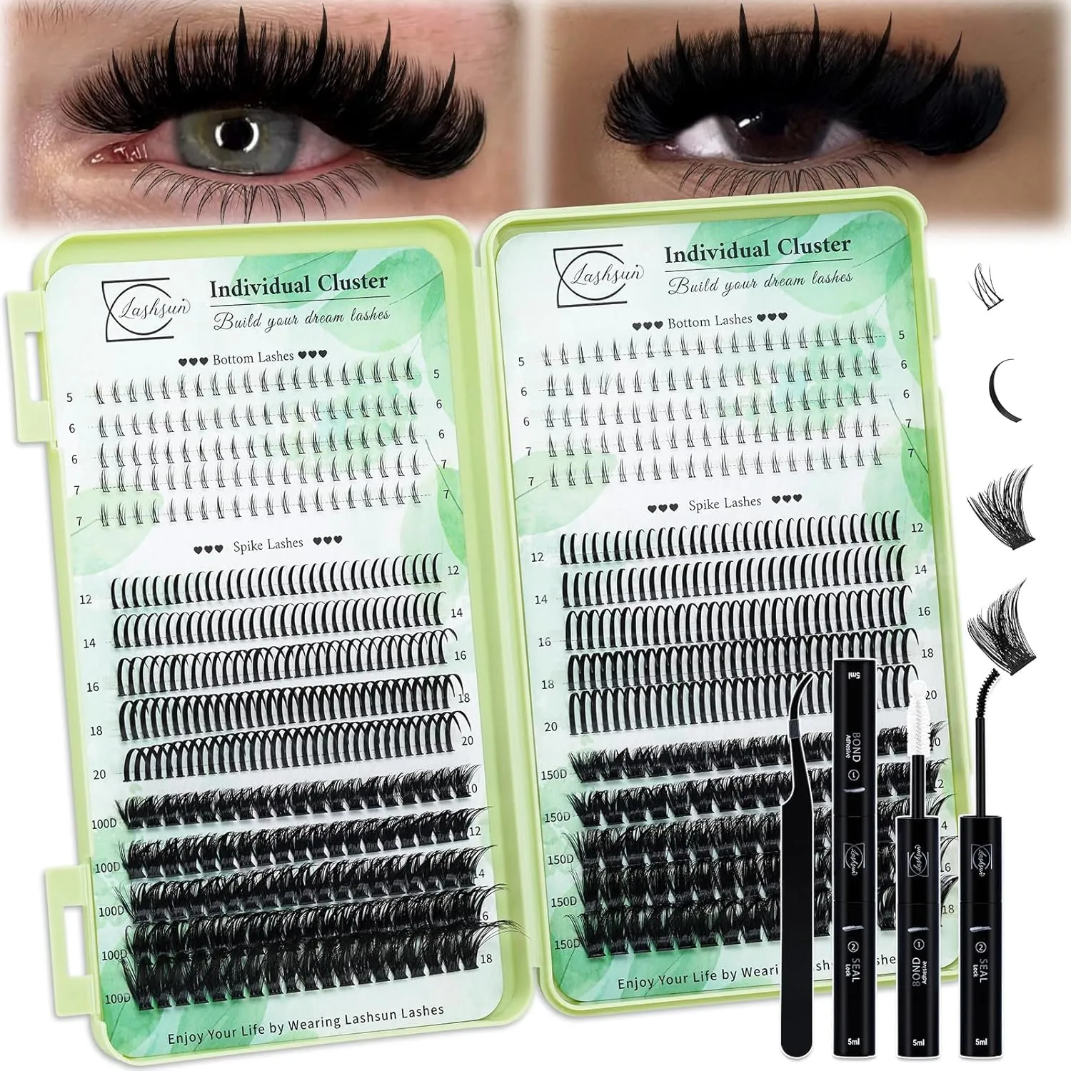 Cluster Lashes Kit Lash Extension Kit+Bottom Lashes+Spikes Lash Clusters Eyelash Extensions with Lash Bond and Seal,Lash Tweezers DIY Lashes At Home (Green-003)
