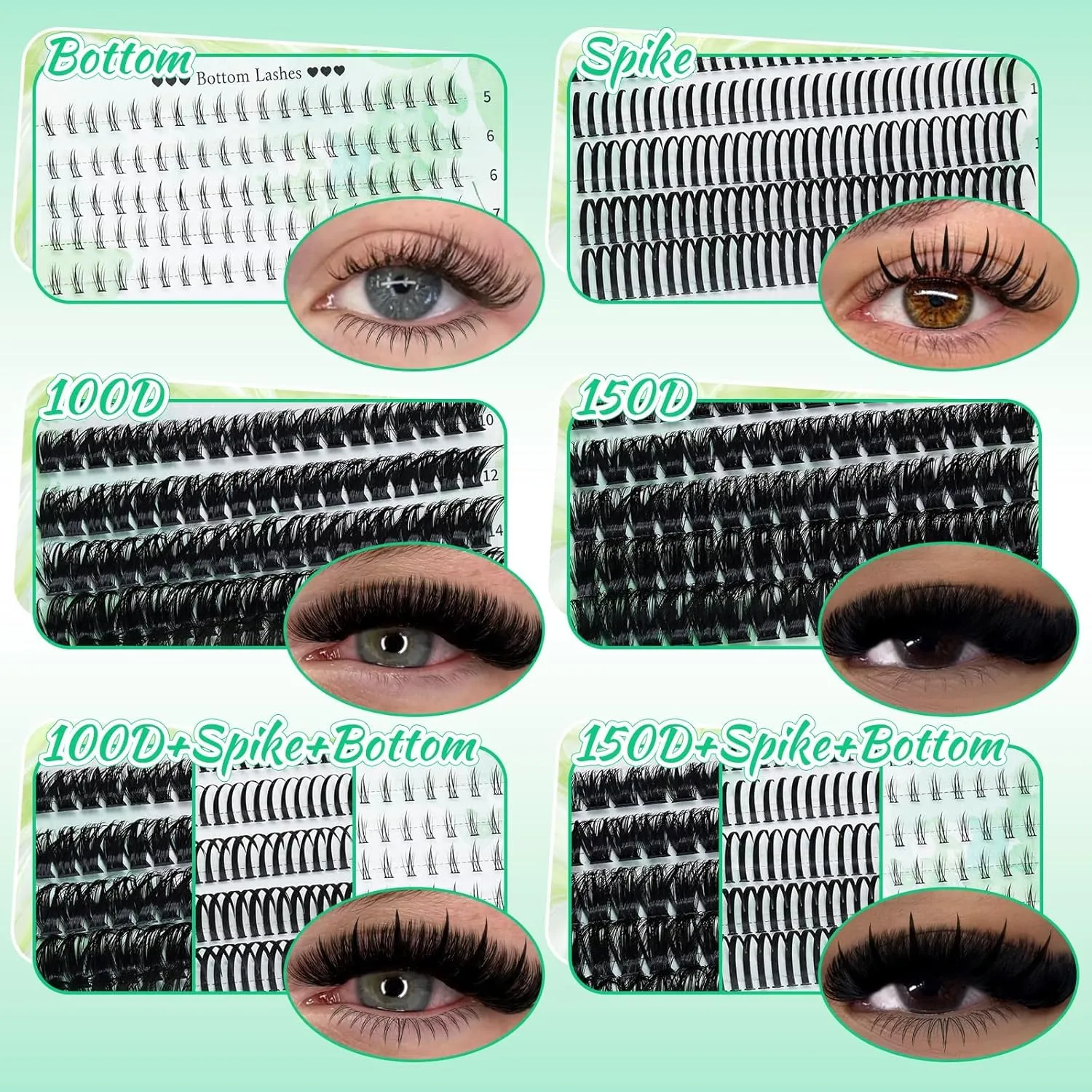 Cluster Lashes Kit Lash Extension Kit+Bottom Lashes+Spikes Lash Clusters Eyelash Extensions with Lash Bond and Seal,Lash Tweezers DIY Lashes At Home (Green-003)