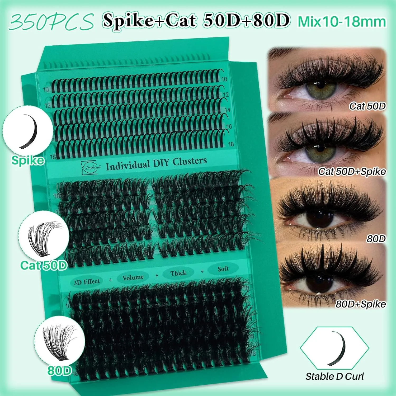 Lash Clusters Kit Cat Eye Lashes Clusters Kit Wispy Eyelash Clusters 3D Effect Cluster Eyelash Extensions Pestañas Postizas Naturales+Lash Bond&Seal,Remover and Tweezers (Spike+Cat50D+80D Kit)
