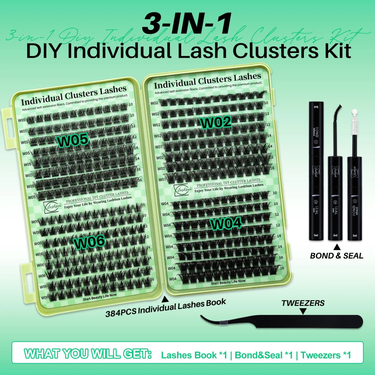 Lash Clusters Kit Wispy Eyelash DIY Lash Extension Kit 384pcs Cluster Eyelash Extensions Kit with Lash Bond and Seal,Lash Tweezers(W02+W04+W05+W06,10-16mm Lash Kit)
