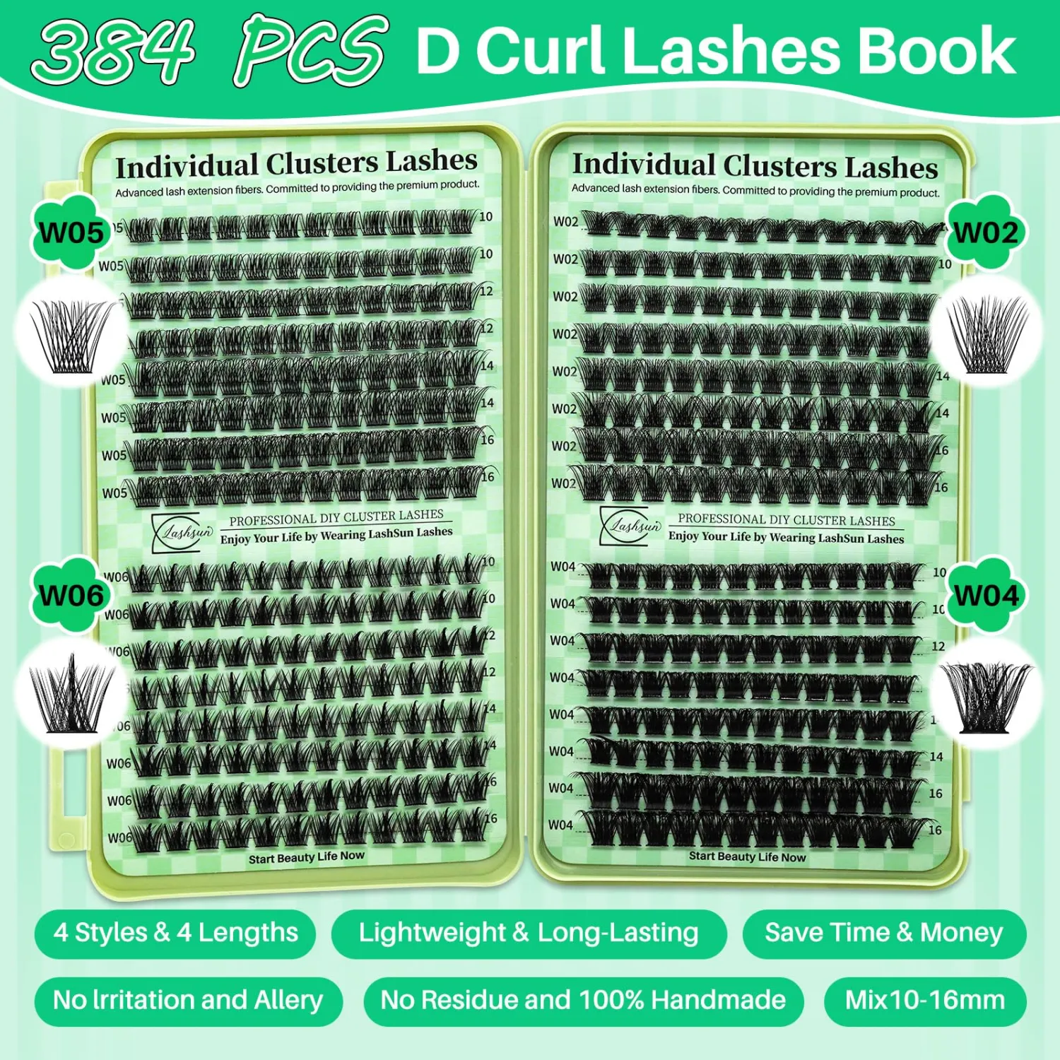Lash Clusters Kit Wispy Eyelash DIY Lash Extension Kit 384pcs Cluster Eyelash Extensions Kit with Lash Bond and Seal,Lash Tweezers(W02+W04+W05+W06,10-16mm Lash Kit)