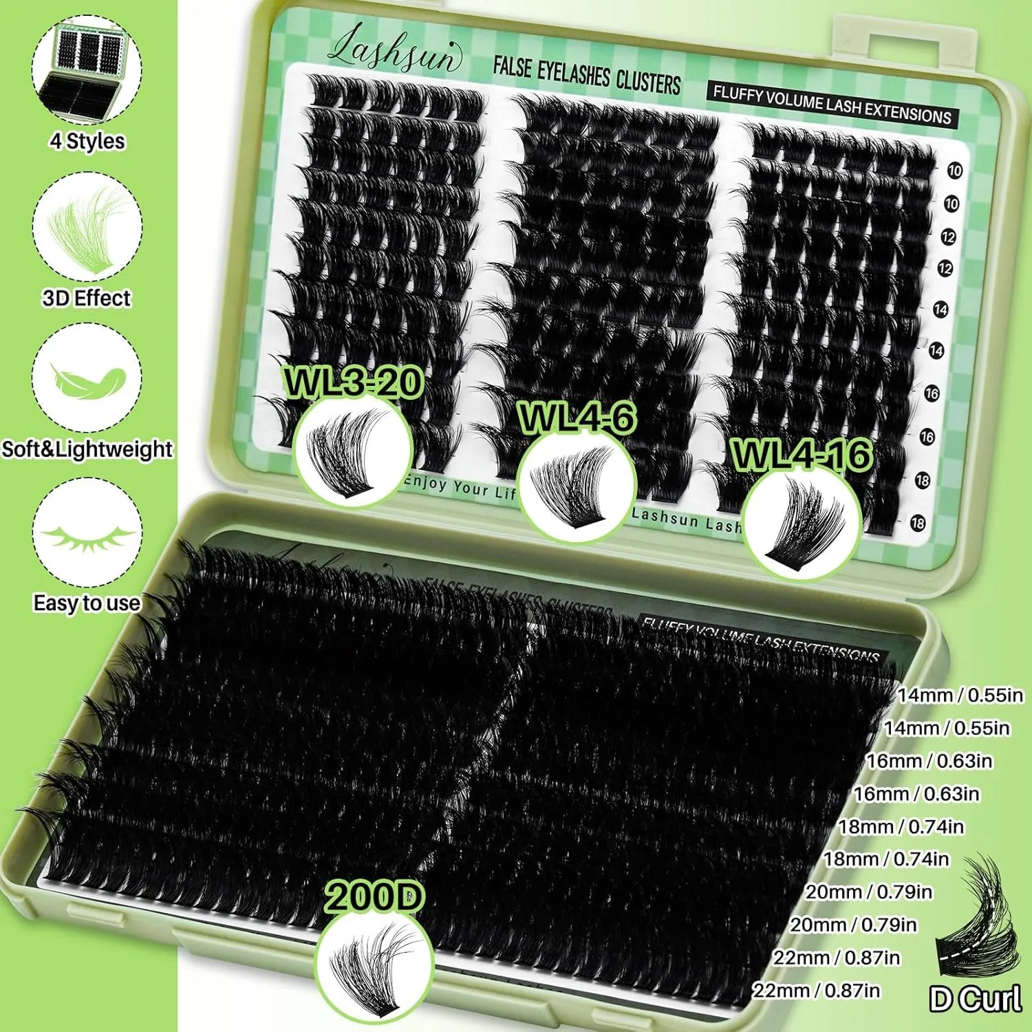 Cluster Lashes Kit 540pcs Mixed Length 3D Effect Volume Lashes Kit Soft and Comfortable False Eyelashes Extension, DIY Long Lasting Lashes At Home For Daily Lifte and Party (WL+200D Lash Only)