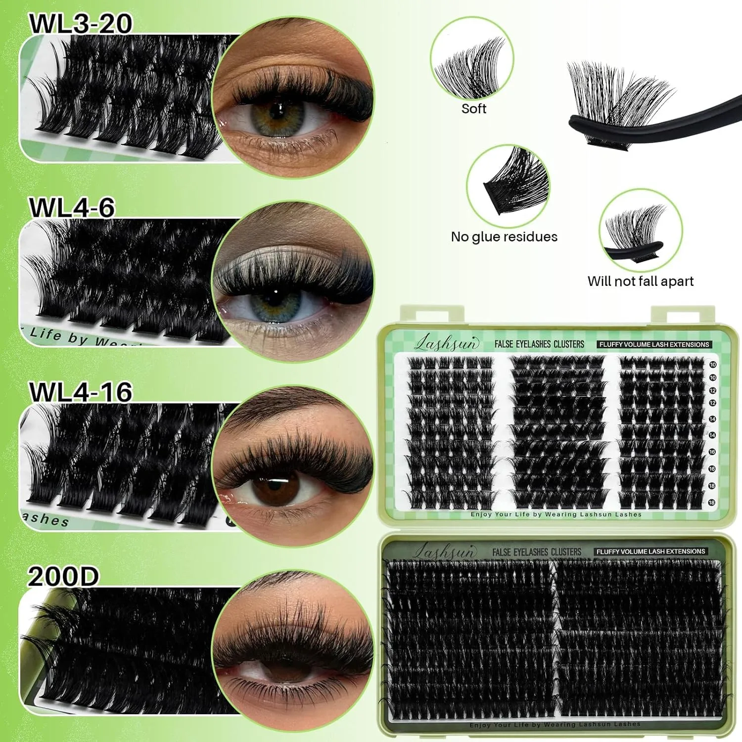 Cluster Lashes Kit 540pcs Mixed Length 3D Effect Volume Lashes Kit Soft and Comfortable False Eyelashes Extension, DIY Long Lasting Lashes At Home For Daily Lifte and Party (WL+200D Lash Only)
