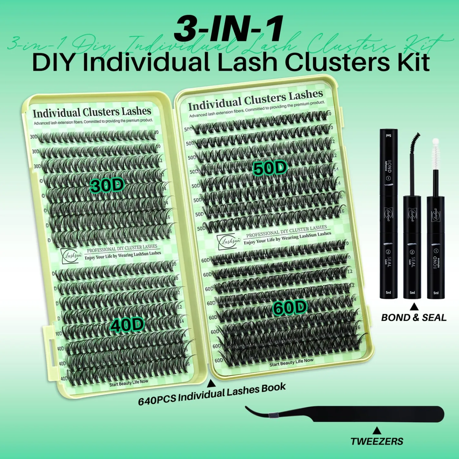 Lash Clusters Kit Wispy Eyelash 640pcs DIY Lash Extension Kit Cluster Eyelash Kit DIY Lashes for Travel or Home with Lash Bond and Seal,Lash Tweezers(30D+40D+50D+60D,10-16mm Lash Kit)
