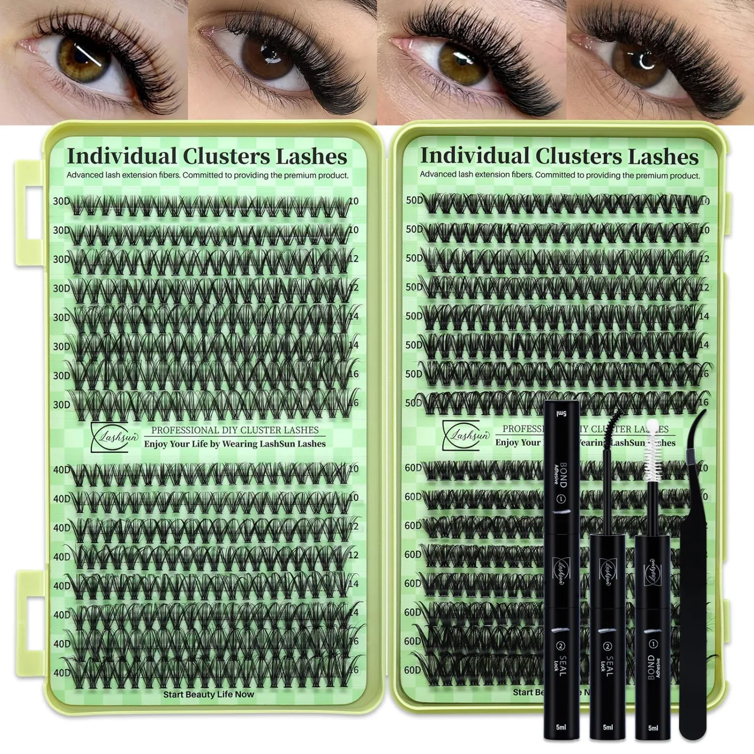 Lash Clusters Kit Wispy Eyelash 640pcs DIY Lash Extension Kit Cluster Eyelash Kit DIY Lashes for Travel or Home with Lash Bond and Seal,Lash Tweezers(30D+40D+50D+60D,10-16mm Lash Kit)