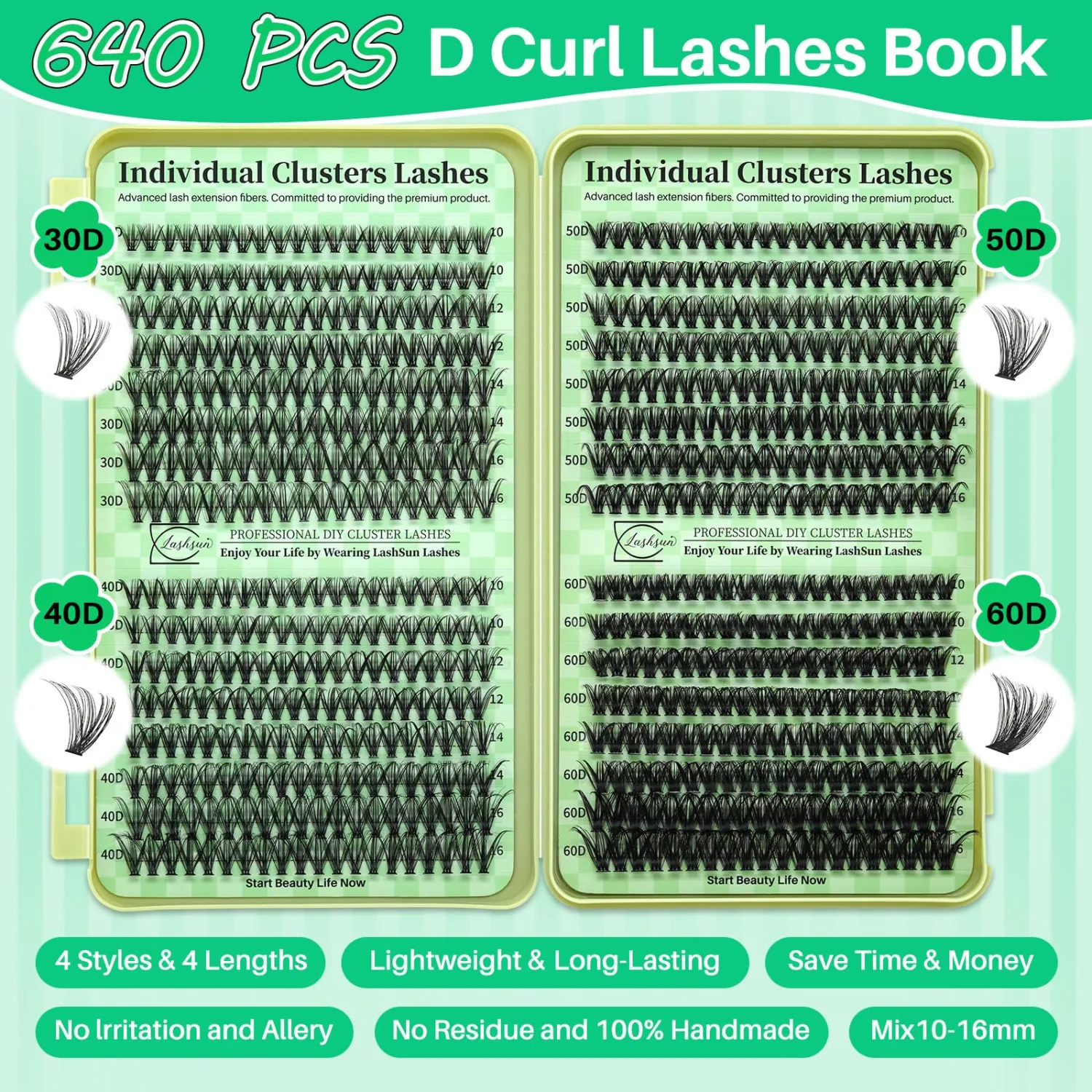 Lash Clusters Kit Wispy Eyelash 640pcs DIY Lash Extension Kit Cluster Eyelash Kit DIY Lashes for Travel or Home with Lash Bond and Seal,Lash Tweezers(30D+40D+50D+60D,10-16mm Lash Kit)