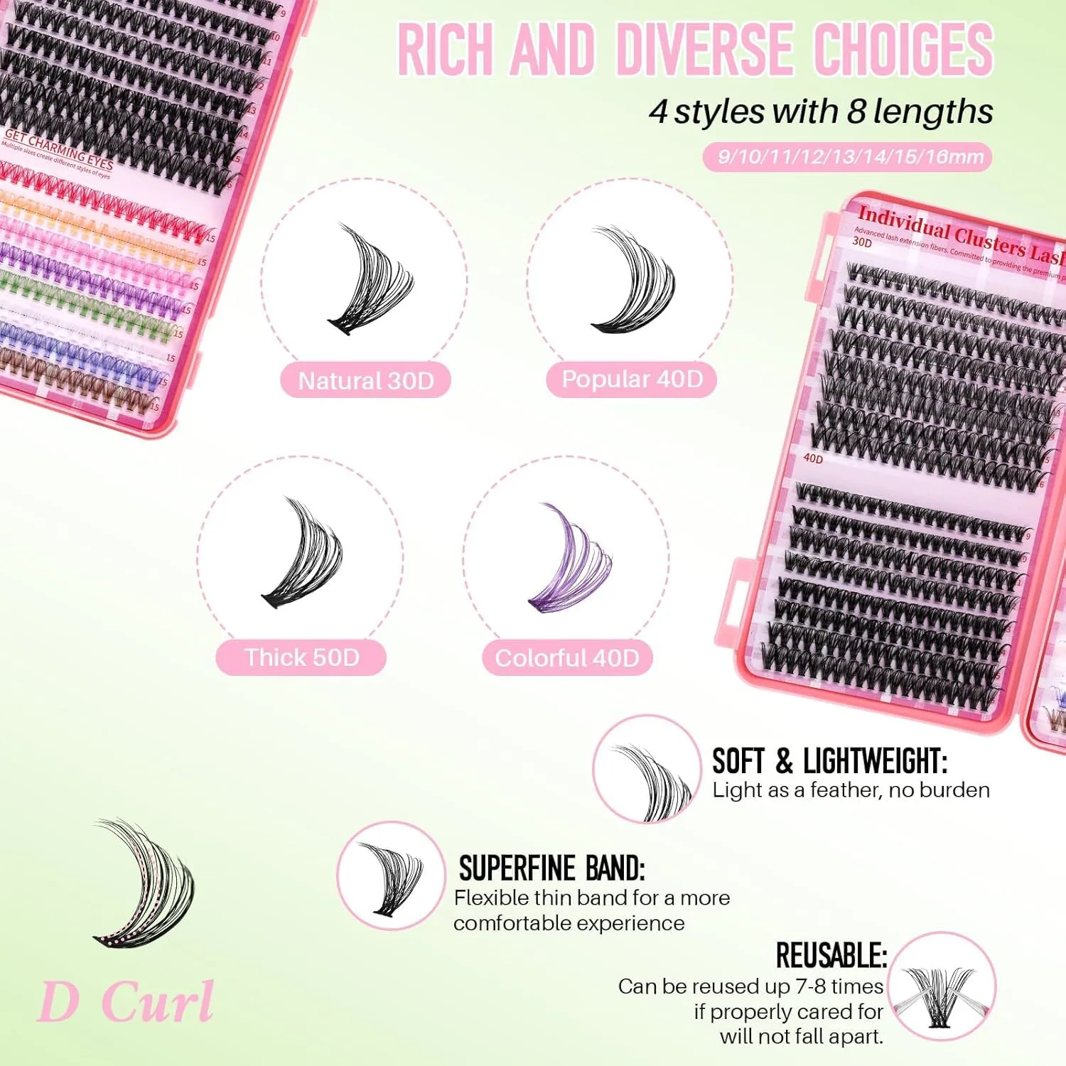 Lash Clusters Kit Colored Eyelash Clusters 640pcs Wispy Cluster Eyelash Extensions Pestañas Postizas Naturales DIY At Home Lash Extension Kit with Lash Bond&Seal,Lash Tweezers (Color-001)