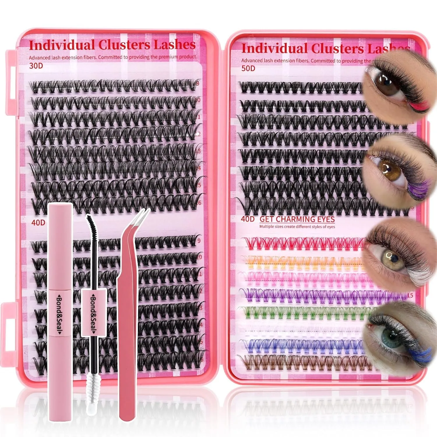 Lash Clusters Kit Colored Eyelash Clusters 640pcs Wispy Cluster Eyelash Extensions Pestañas Postizas Naturales DIY At Home Lash Extension Kit with Lash Bond&Seal,Lash Tweezers (Color-001)