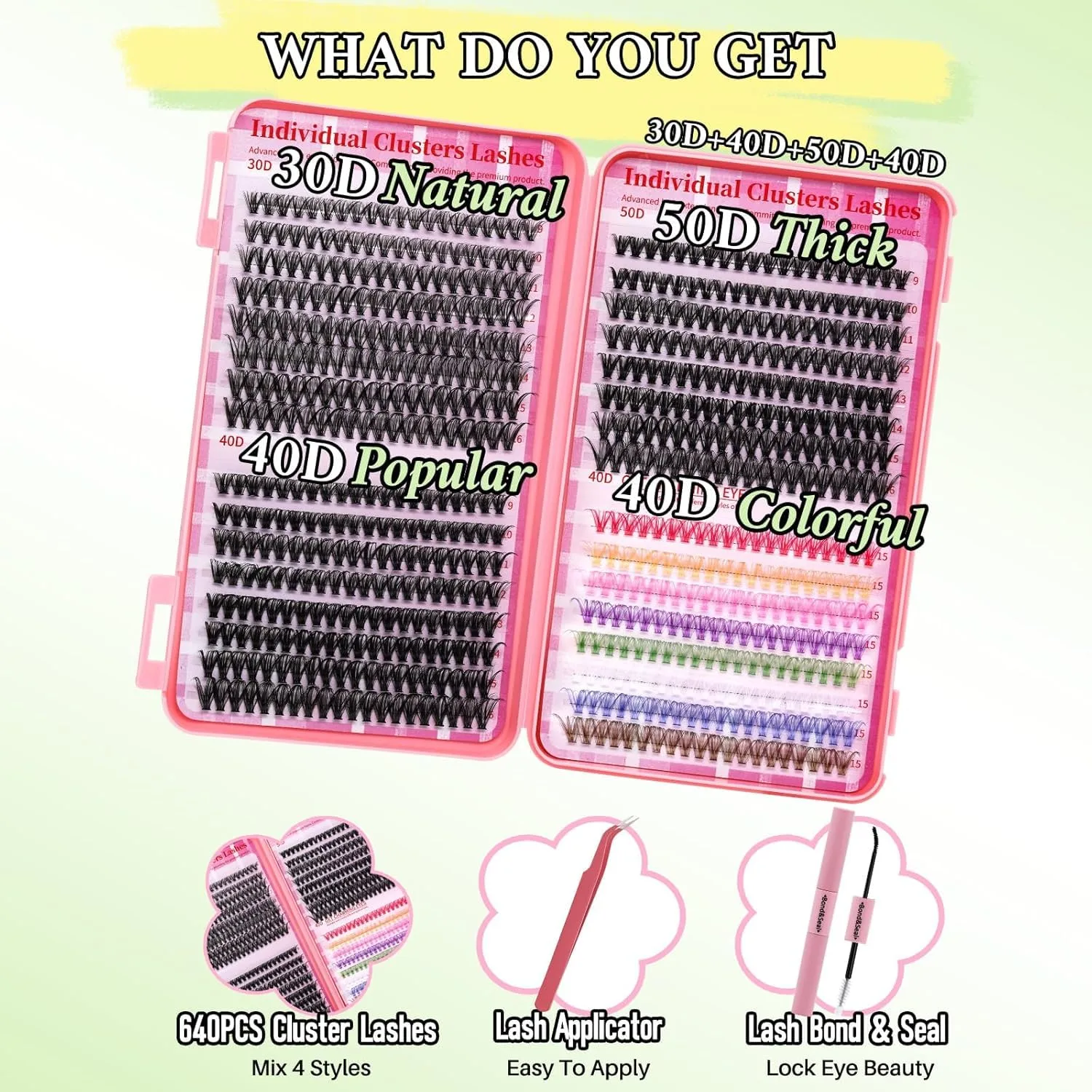 Lash Clusters Kit Colored Eyelash Clusters 640pcs Wispy Cluster Eyelash Extensions Pestañas Postizas Naturales DIY At Home Lash Extension Kit with Lash Bond&Seal,Lash Tweezers (Color-001)