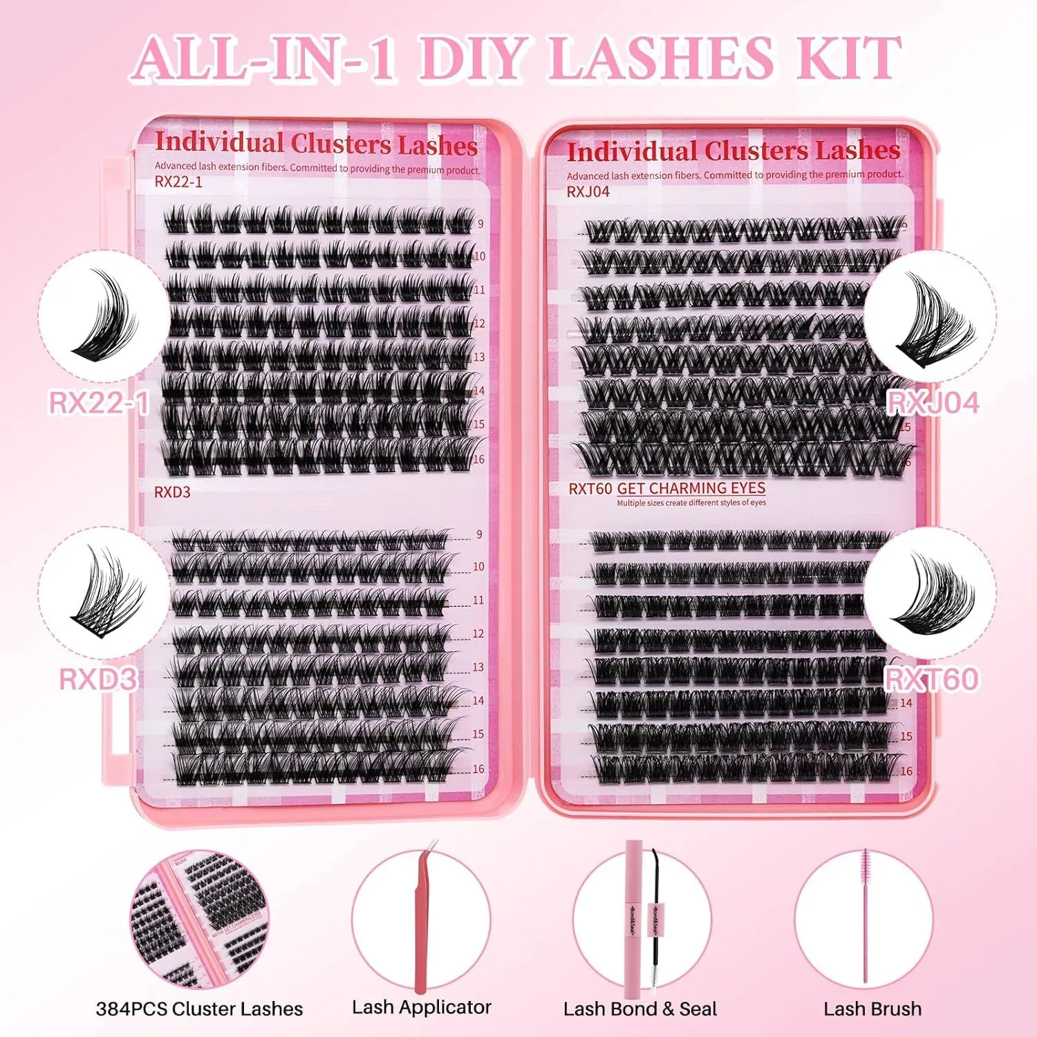 Lash Clusters Kit Colored Eyelash Clusters 384pcs Wispy Cluster Eyelash Extensions Pestañas Postizas Naturales DIY Lash Extension Kit with Lash Bond&Seal,Lash Tweezers (Color-003)