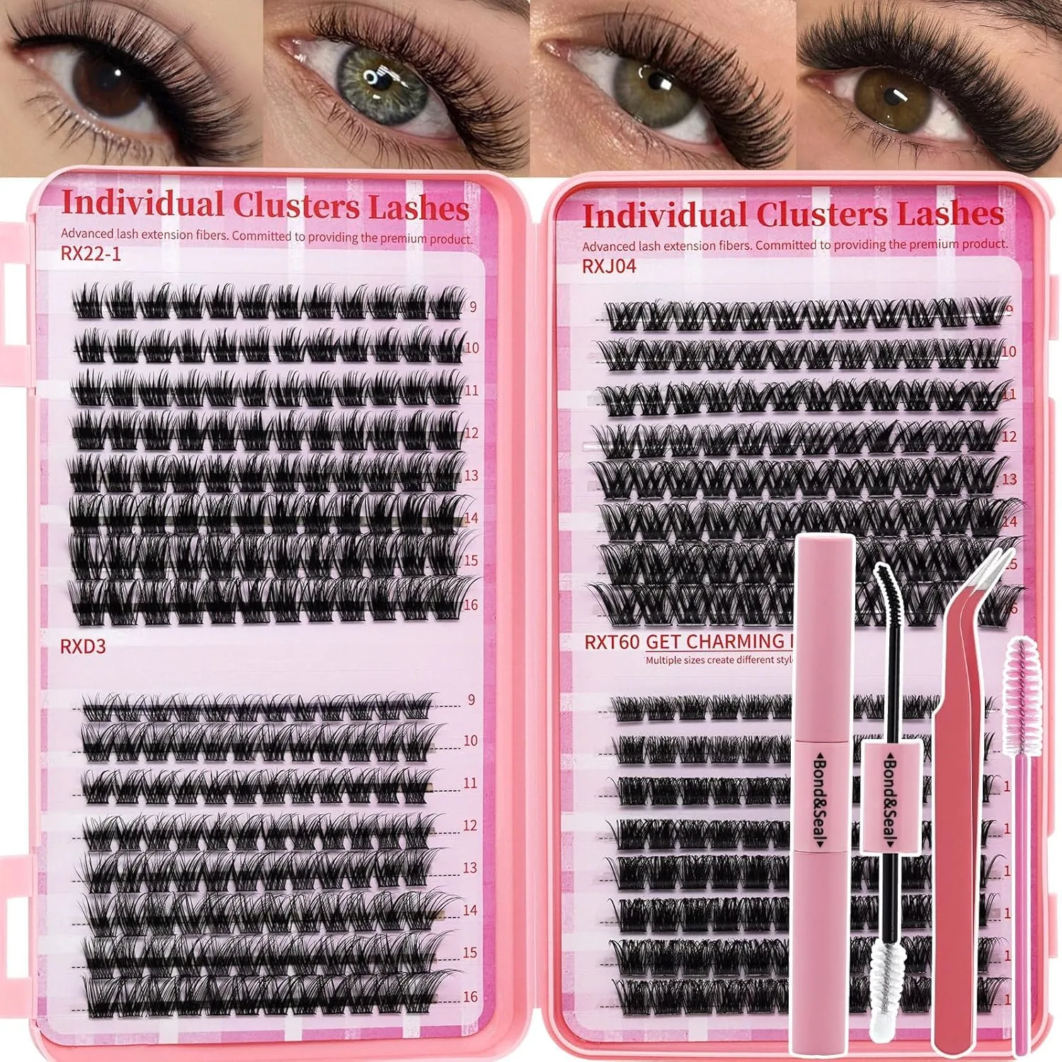 Lash Clusters Kit Colored Eyelash Clusters 384pcs Wispy Cluster Eyelash Extensions Pestañas Postizas Naturales DIY Lash Extension Kit with Lash Bond&Seal,Lash Tweezers (Color-003)