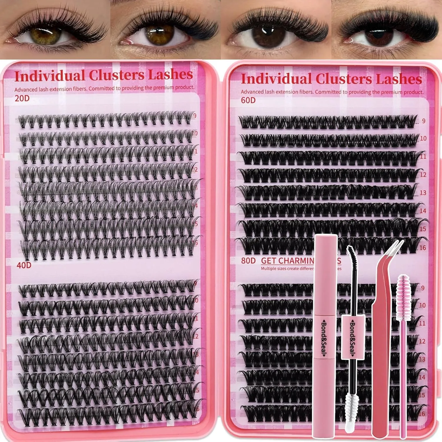 Lash Clusters Kit 640pcs Eyelash Clusters Wispy Cluster Eyelash Extensions Pestañas Postizas Naturales Lash Extension Kit with Lash Bond&Seal,Lash Tweezers (Color-004)
