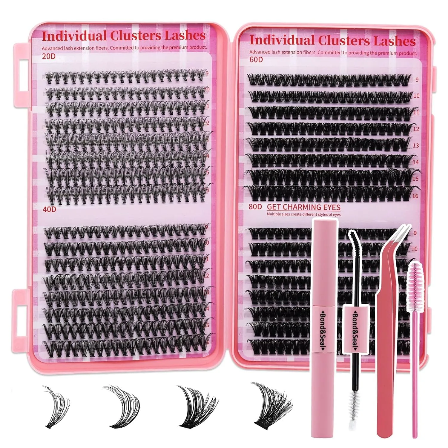 Lash Clusters Kit 640pcs Eyelash Clusters Wispy Cluster Eyelash Extensions Pestañas Postizas Naturales Lash Extension Kit with Lash Bond&Seal,Lash Tweezers (Color-004)