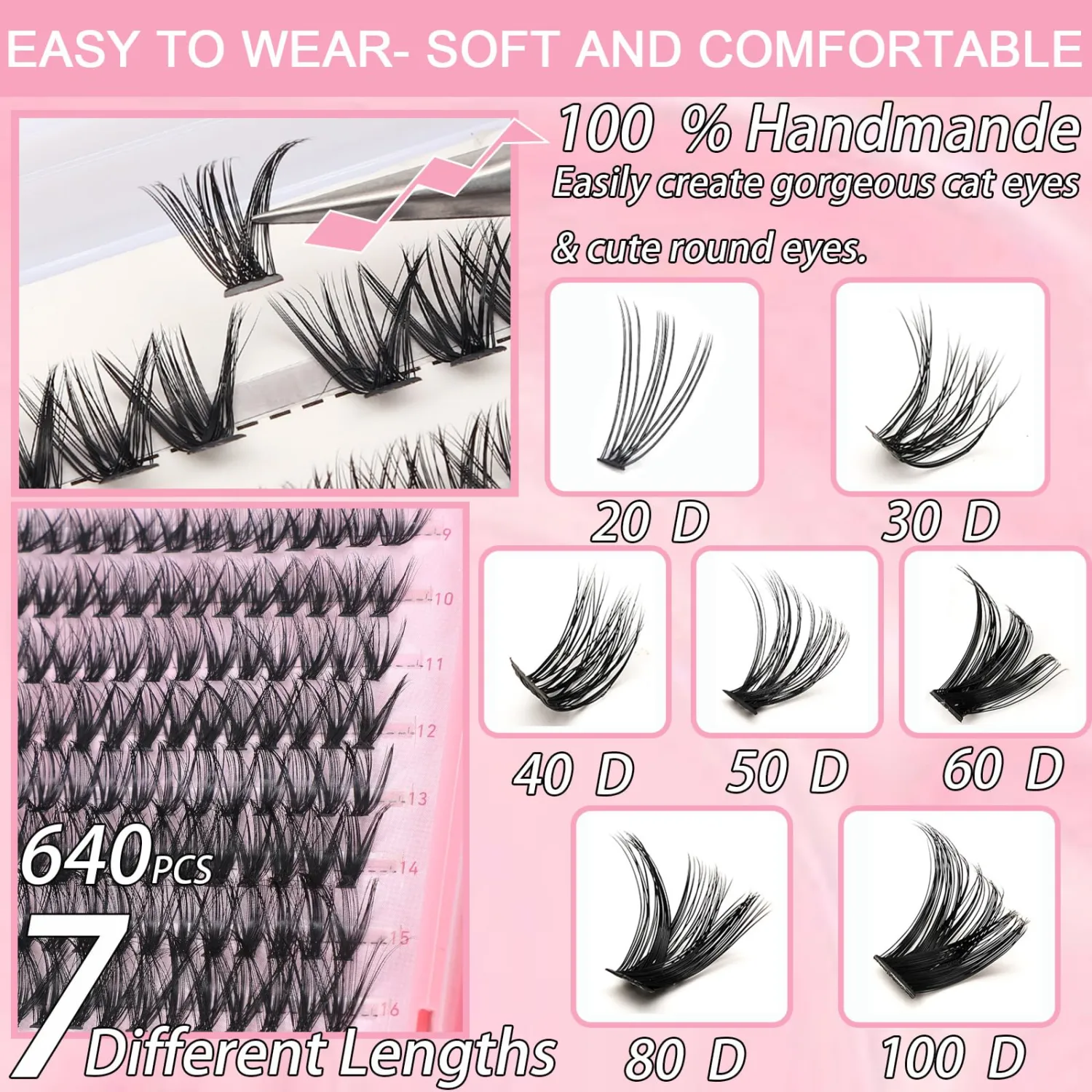 Manga Lash Clusters, 640 Pcs Eyelashes Clusters Extensions 9-16mm Individual Lashes D Curl Fluffy Wispy False Eyelashes Thin Band (30D&40D&50D&60D)