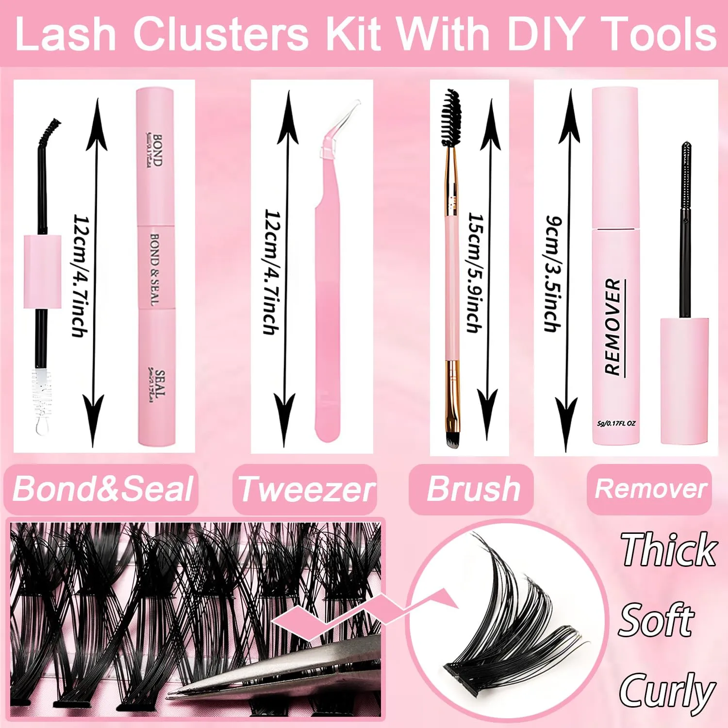 Lash Clusters Kit, 640 Pcs Eyelashes Clusters Extensions Kit 9-16mm Individual Lashes D Curl Fluffy Wispy False Eyelashes, with Bond Seal Remover Tweezers Brush DIY (40D+50D+60D+80D Kit 9-16 mm)