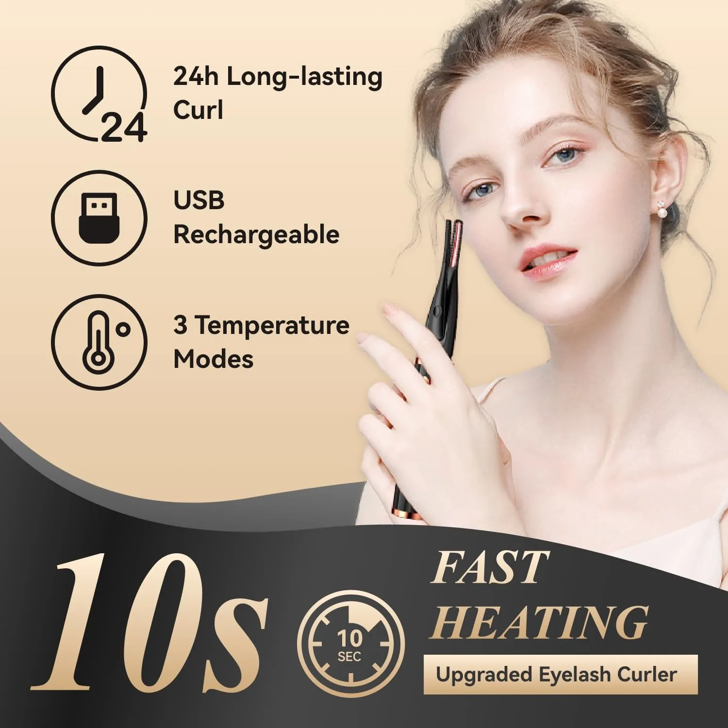 Heated Eyelash Curlers for Women - 2 in 1 Clip - Type, 3 Heat Modes, USB Rechargeable, 8s Fast Heat - up, 24H Long - Lasting Natural Curls Makeup Tool (Black)