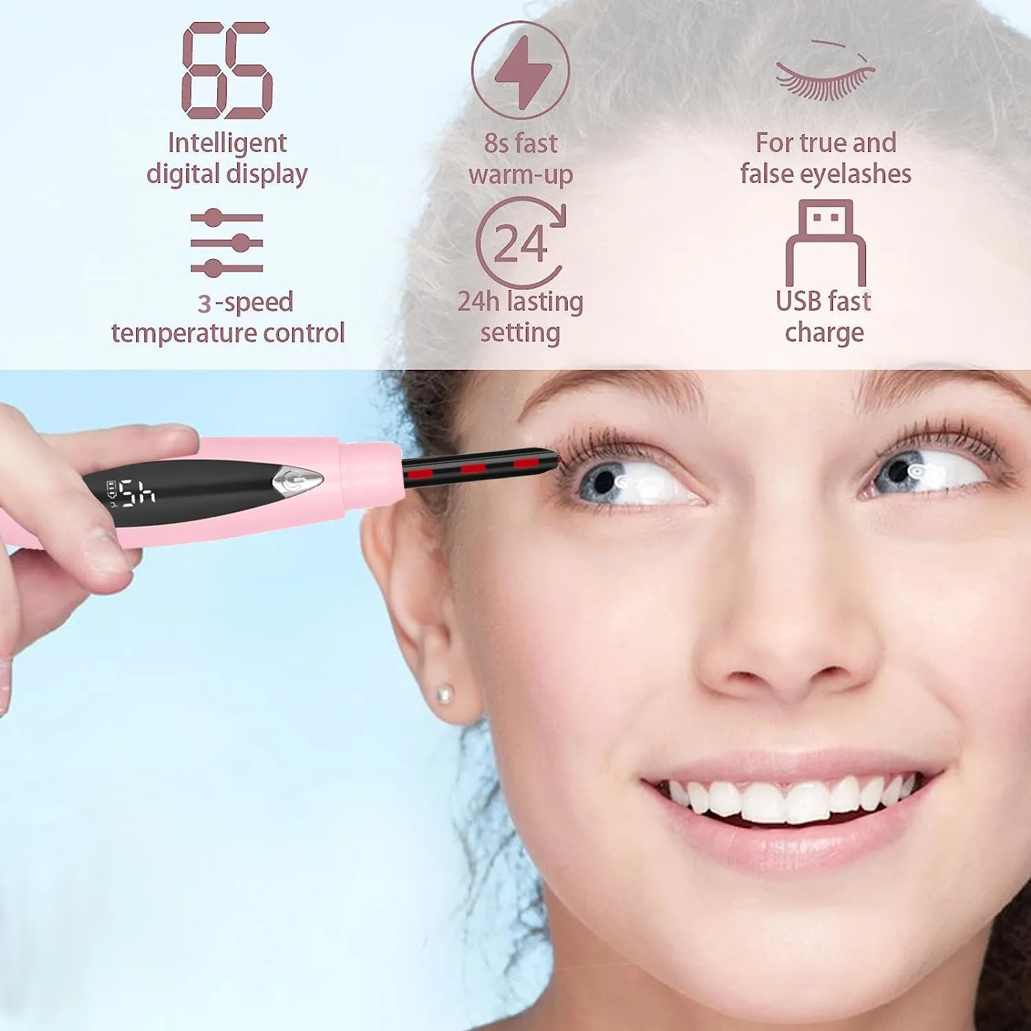 Heated Eyelash Curlers, Heated Lash Curler Rechargeable Eyelash Curler 24 Hours Long-Lasting Natural, Electric Eye Lash Curler Heating with 3 Temp Settings Makeup for Girls Women - Pink