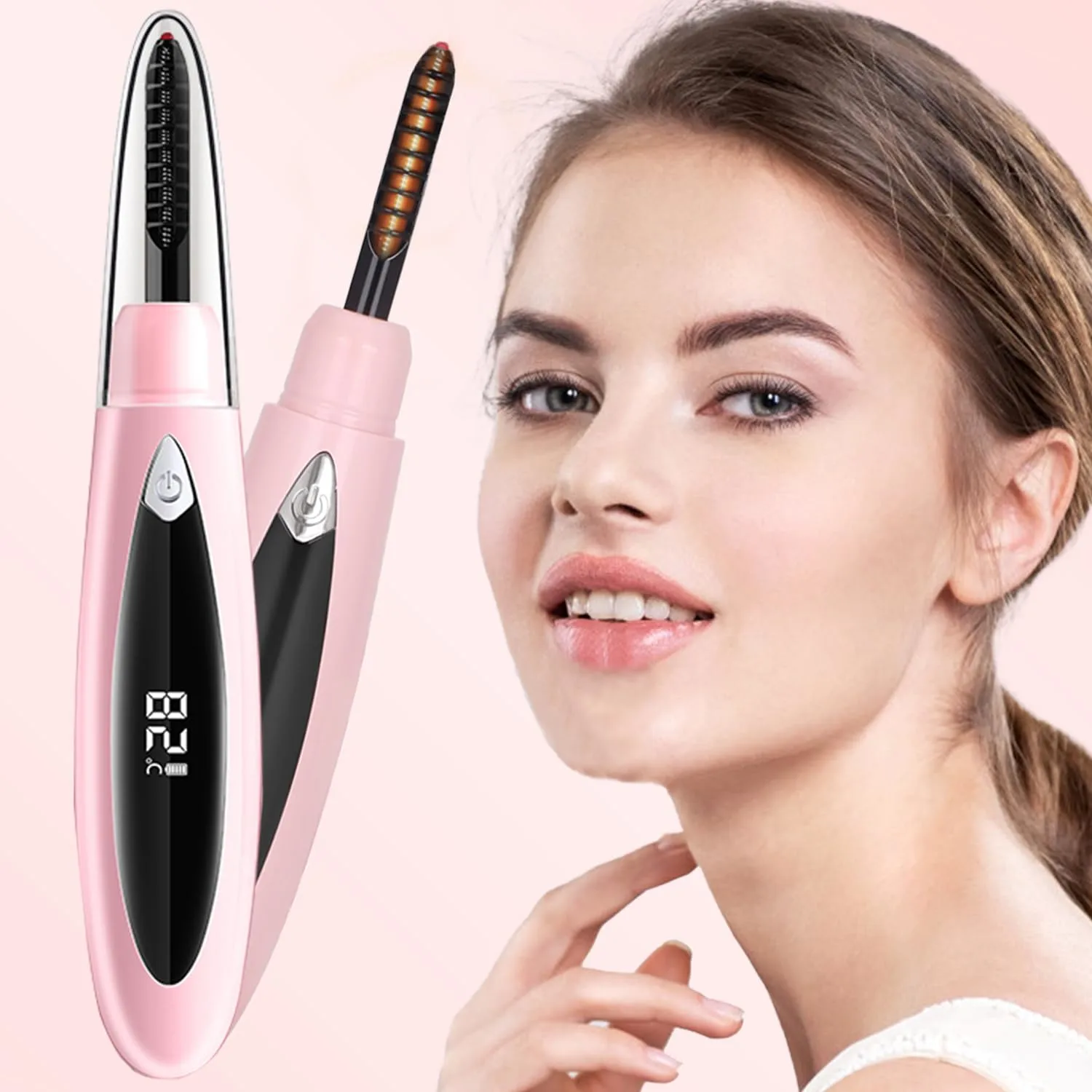 Heated Eyelash Curlers, Heated Lash Curler Rechargeable Eyelash Curler 24 Hours Long-Lasting Natural, Electric Eye Lash Curler Heating with 3 Temp Settings Makeup for Girls Women - Pink