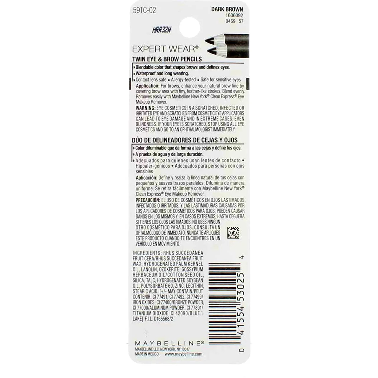 2 Packs - Maybelline New York Expert Wear Twin Brow & Eye Liner Pencils Dark Brown - 4 Pieces