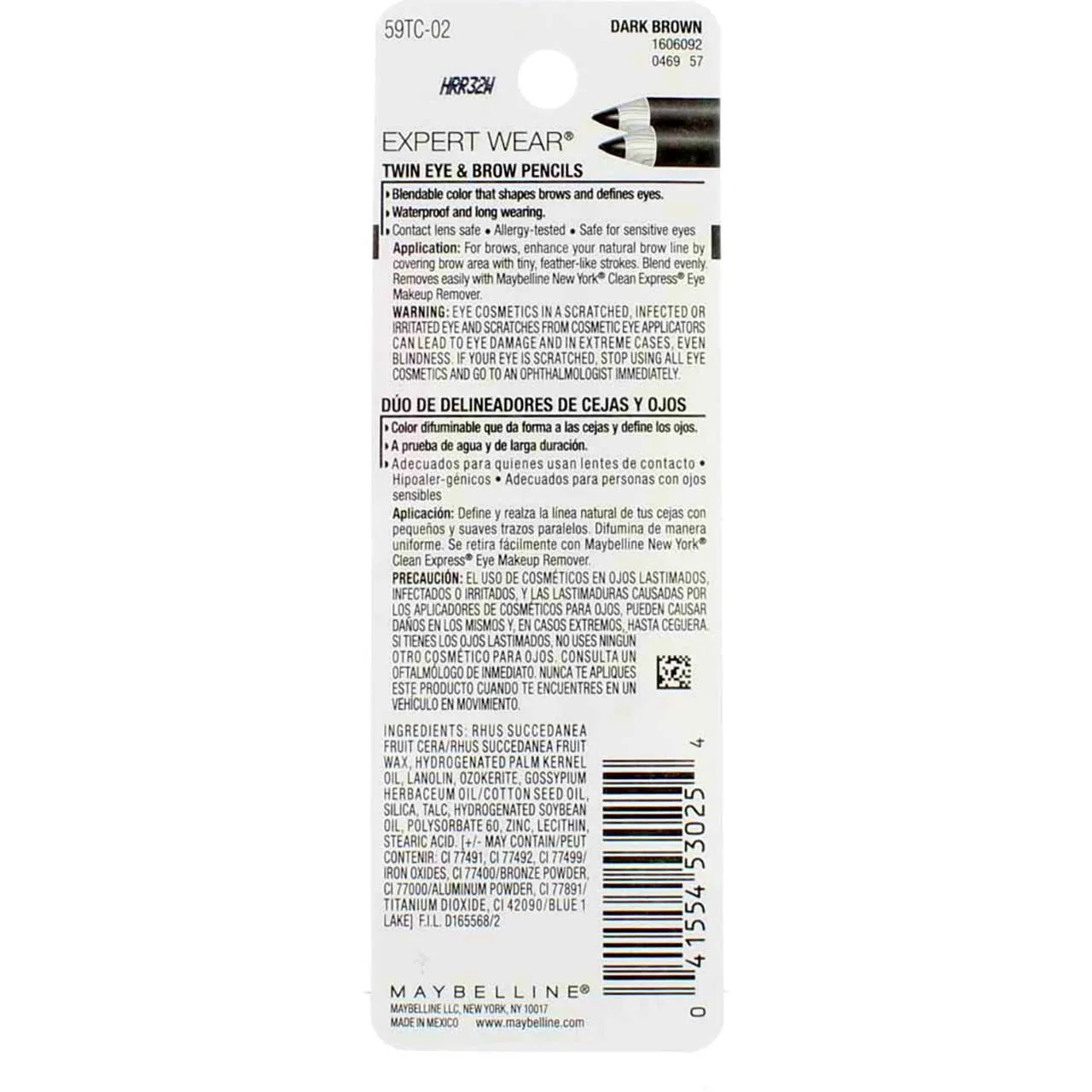 2 Packs - Maybelline New York Expert Wear Twin Brow & Eye Liner Pencils Dark Brown - 4 Pieces