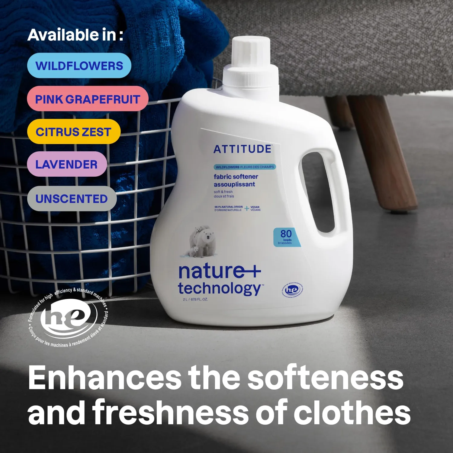 ATTITUDE Liquid Fabric Softener, Plant-Based & Vegan, HE Compatible, Naturally Derived, Wildflowers Scent, 80 Loads, 67.6 Fl Oz