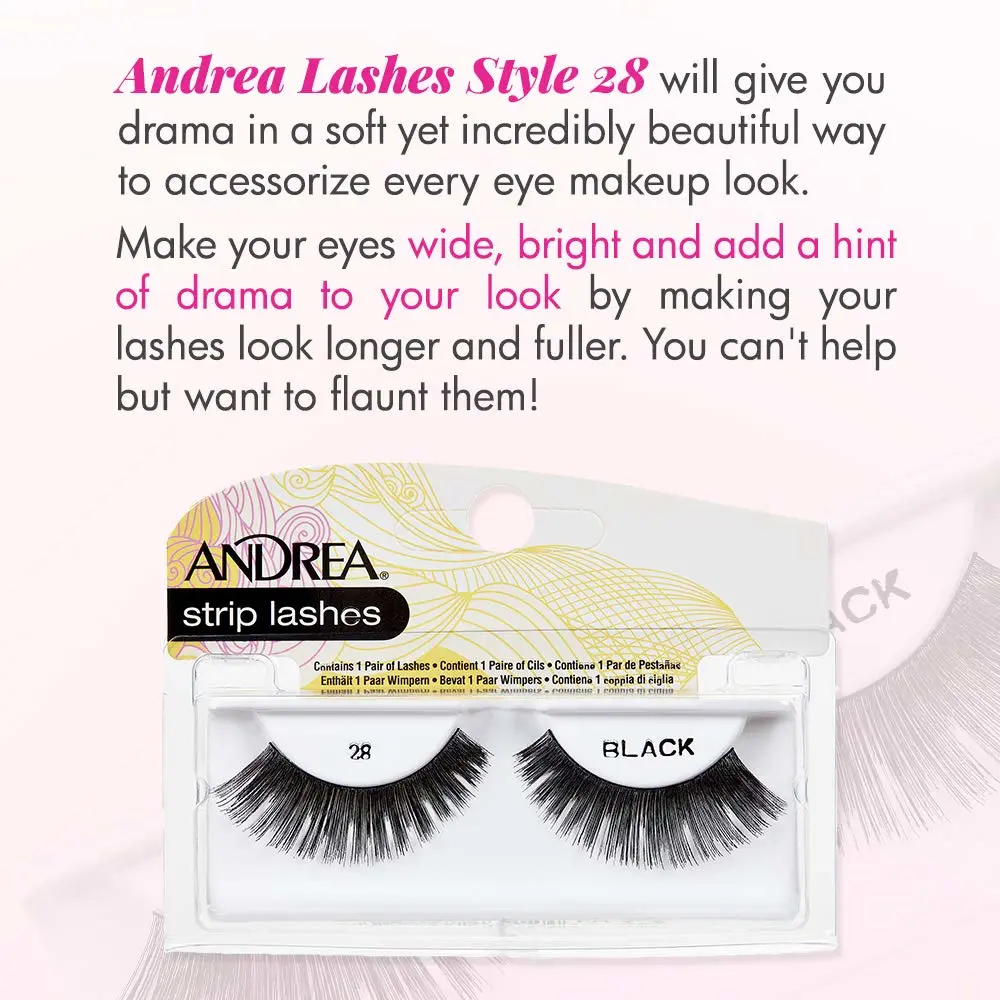 Andrea False Lashes Style 28 - Black, Lightweight, Reusable Fake Eyelashes, Natural Look Strip Lashes for Glam Makeup, 4 Pairs