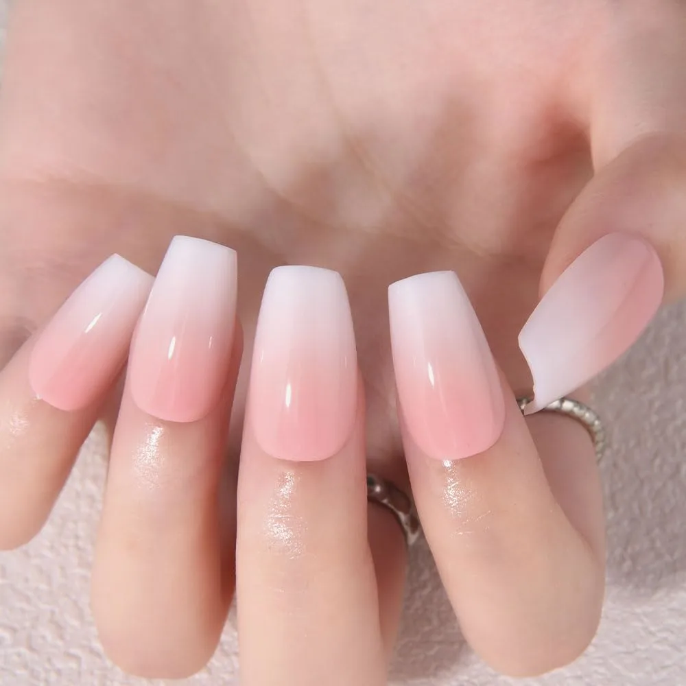 Pink White Ombre Glossy Press on Nails Coffin Acrylic Fake Nails Design, Natural Reusable Nails Kit for Women DIY False Nail Art Decoration Gift, Salon Quality Reusable 30 Pcs