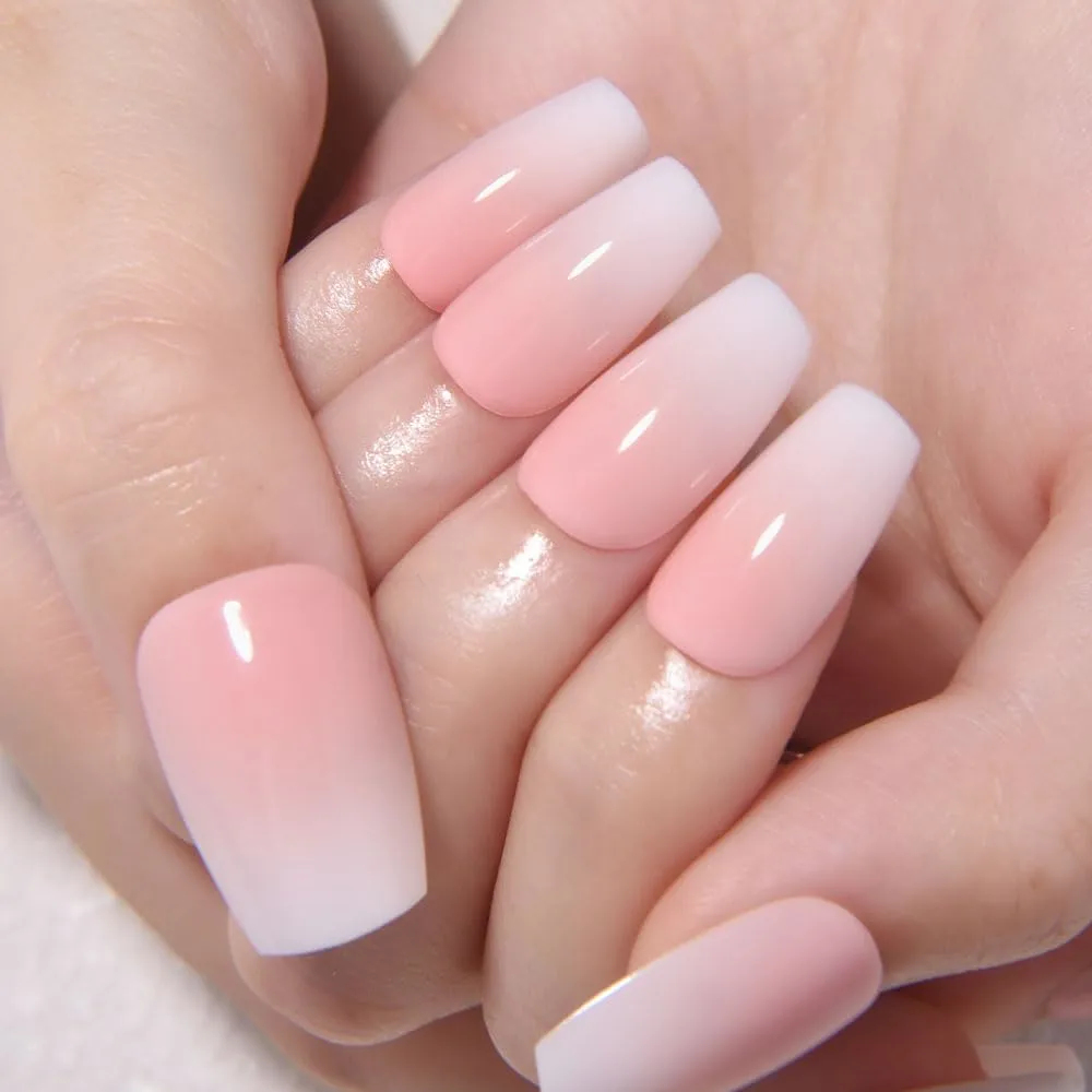 Pink White Ombre Glossy Press on Nails Coffin Acrylic Fake Nails Design, Natural Reusable Nails Kit for Women DIY False Nail Art Decoration Gift, Salon Quality Reusable 30 Pcs