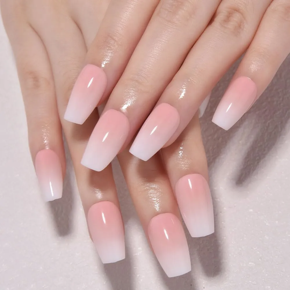 Pink White Ombre Glossy Press on Nails Coffin Acrylic Fake Nails Design, Natural Reusable Nails Kit for Women DIY False Nail Art Decoration Gift, Salon Quality Reusable 30 Pcs
