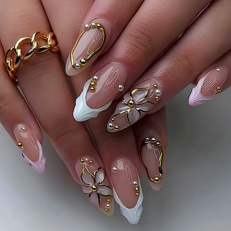 Almond Press on Nails Long Fake Nails White Artificial Nail 3D Flowers and Gold Charm Designs Pearl Stick on Nail for Women 24pcs