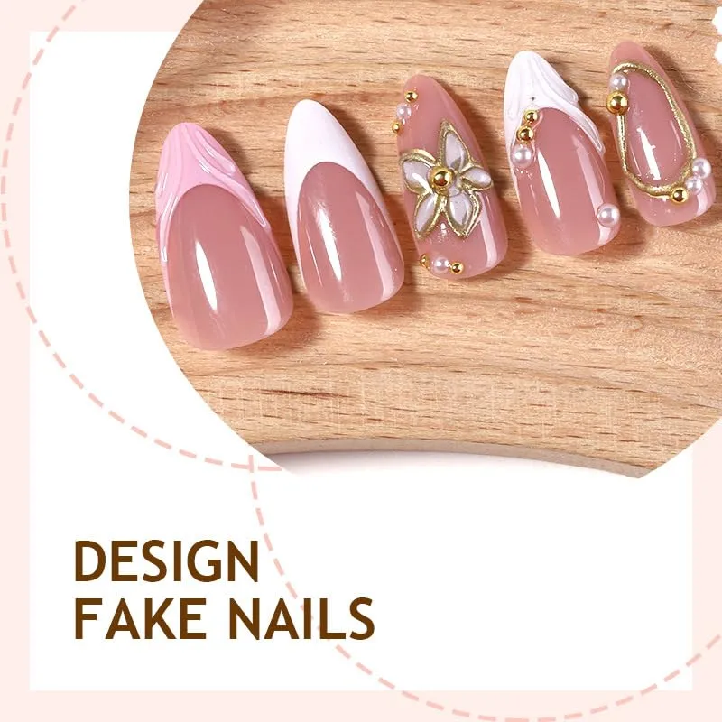 Almond Press on Nails Long Fake Nails White Artificial Nail 3D Flowers and Gold Charm Designs Pearl Stick on Nail for Women 24pcs