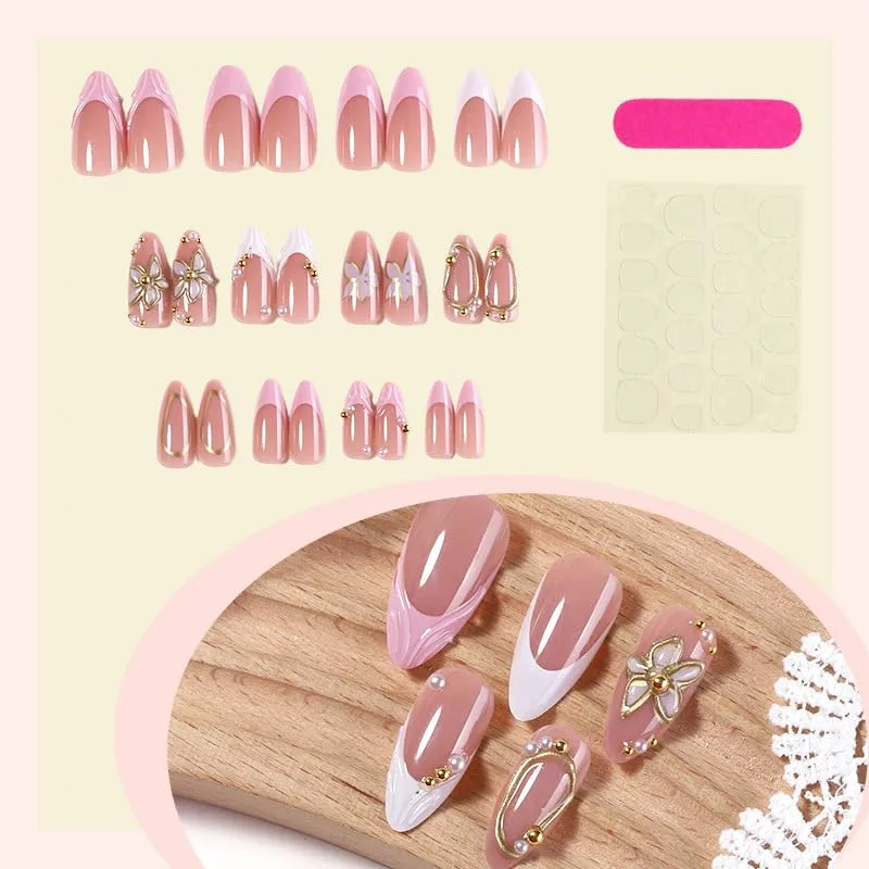 Almond Press on Nails Long Fake Nails White Artificial Nail 3D Flowers and Gold Charm Designs Pearl Stick on Nail for Women 24pcs