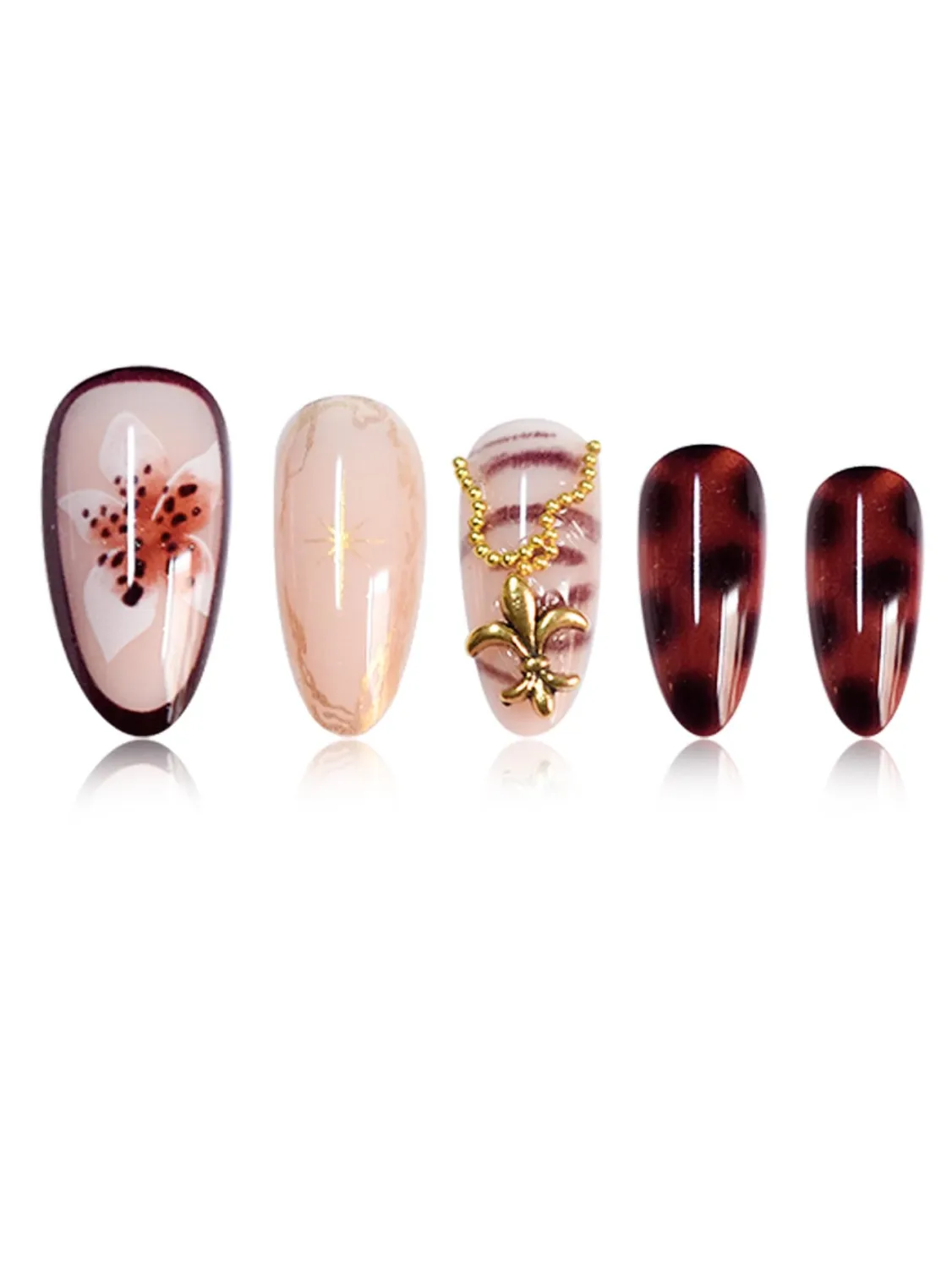 Medium Almond Press on Nails Brown Fake Nails Floral Artificial Nail with Gold Charm Designs Glitter Stick on Nail for Women 24pcs