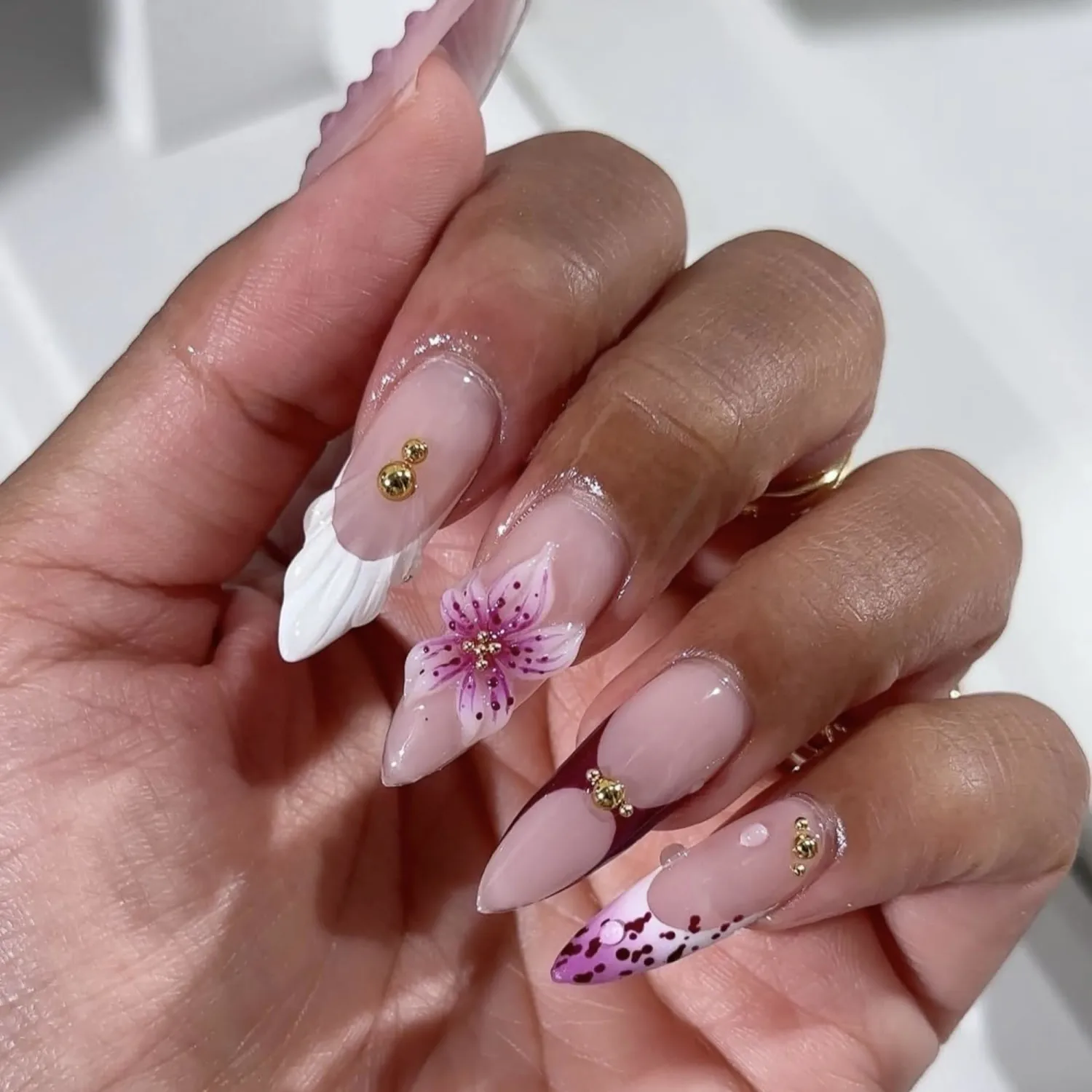 Almond Press on Nails Long Fake Nails French Artificial Nail Purple Floral Designs Stick on Nail for Women 24pcs