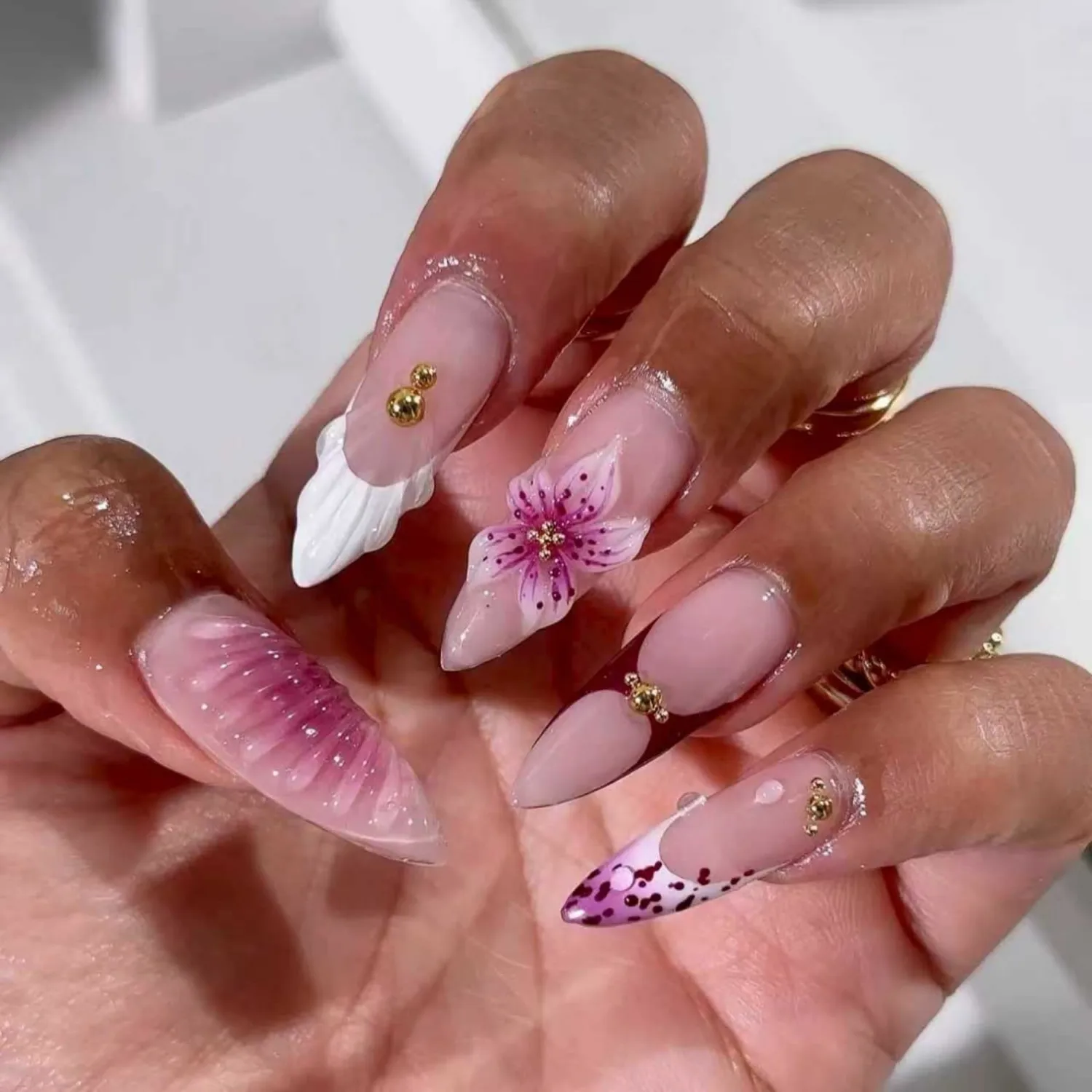 Almond Press on Nails Long Fake Nails French Artificial Nail Purple Floral Designs Stick on Nail for Women 24pcs