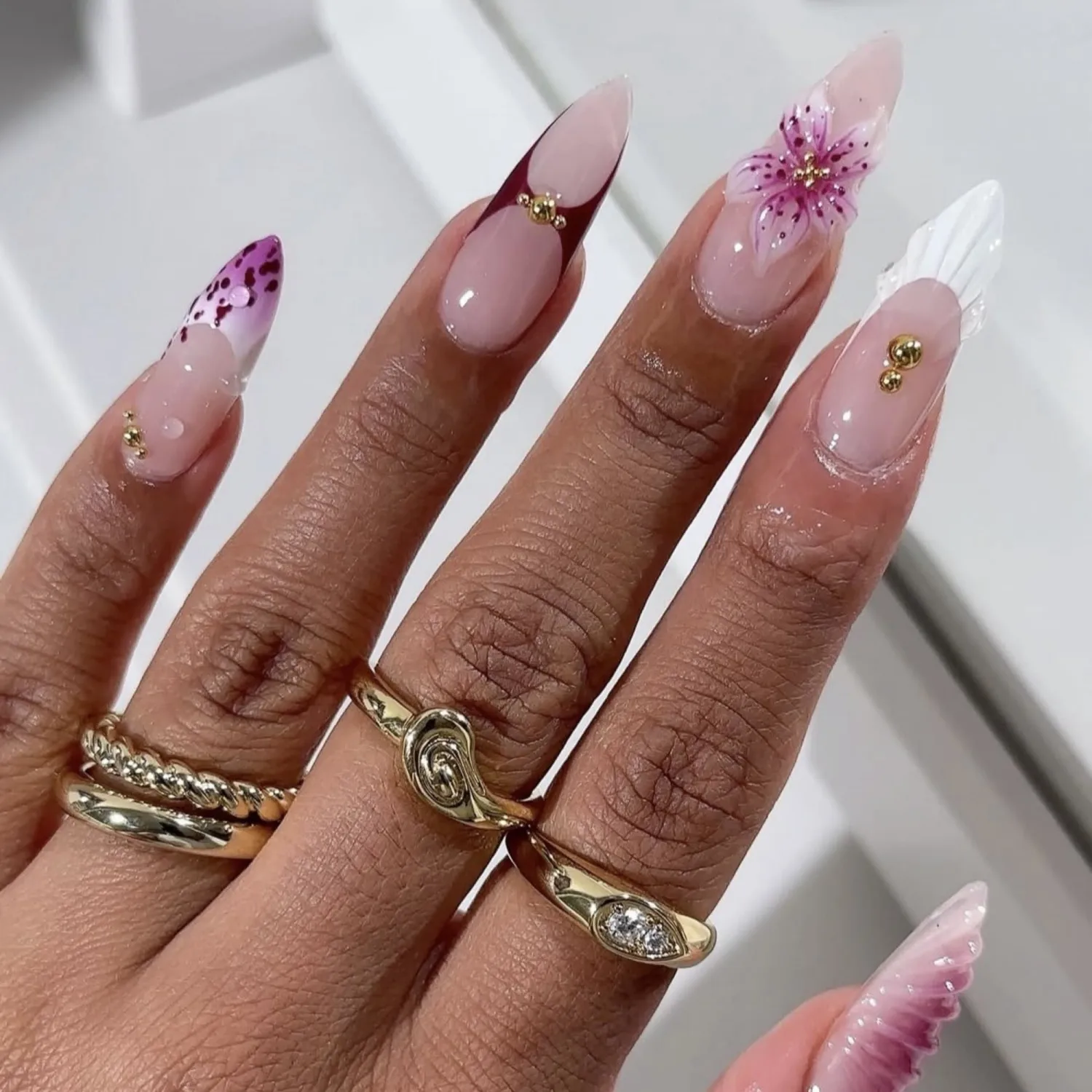 Almond Press on Nails Long Fake Nails French Artificial Nail Purple Floral Designs Stick on Nail for Women 24pcs