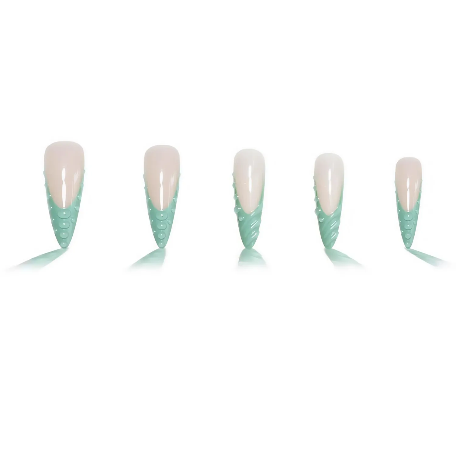 Stiletto Press on Nails Long Fake Nails Green Extra Long Glossy Acrylic Nail Press on French Tip Artificial with 3D Water Droplets Designs Stick on Nail for Women 24pcs
