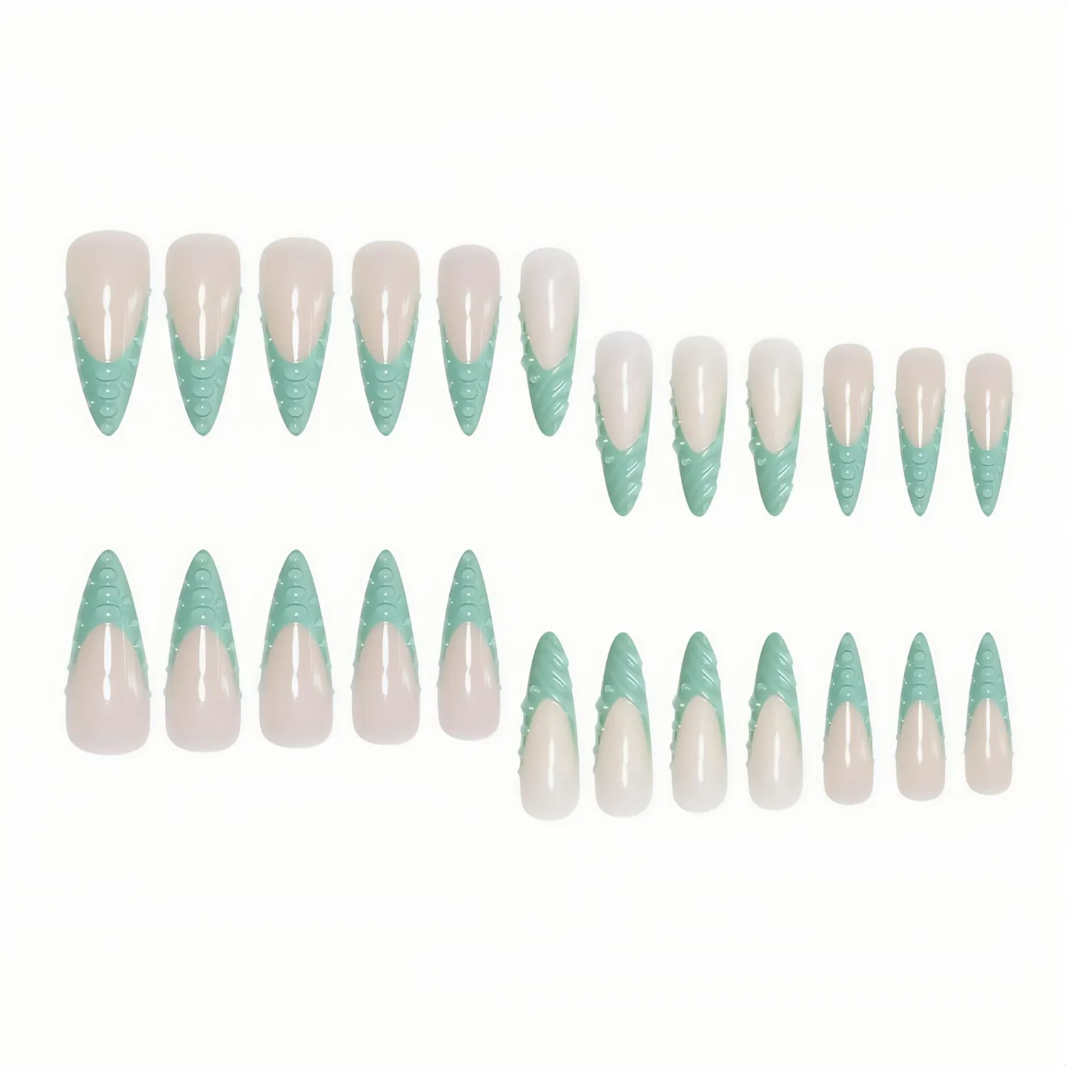 Stiletto Press on Nails Long Fake Nails Green Extra Long Glossy Acrylic Nail Press on French Tip Artificial with 3D Water Droplets Designs Stick on Nail for Women 24pcs