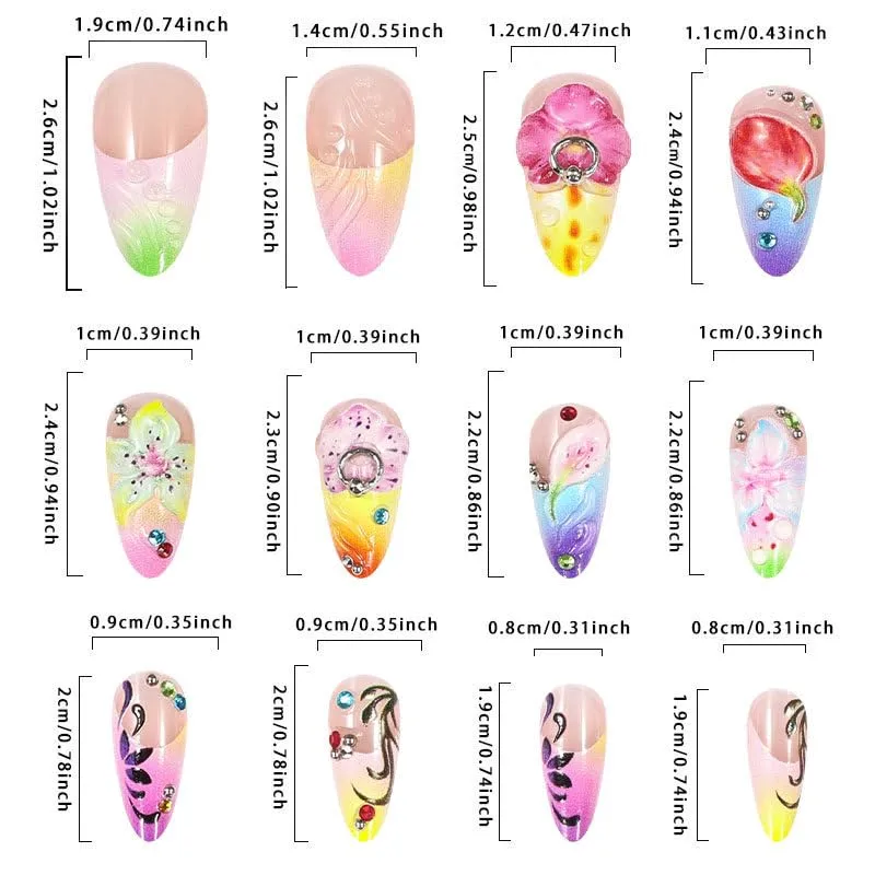 Long Press on Nails Almond Fake Nails Flowers Colorful Artificial Nail with Rhinestone Designs Stick on Nail for Women 24pcs