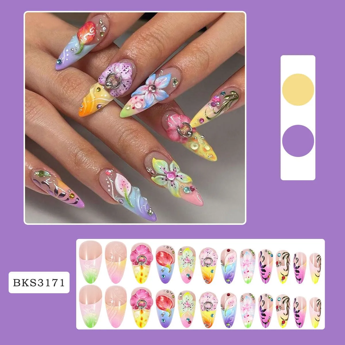 Long Press on Nails Almond Fake Nails Flowers Colorful Artificial Nail with Rhinestone Designs Stick on Nail for Women 24pcs