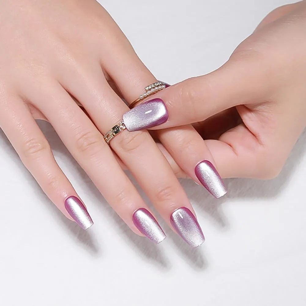 evpct No Glue Purple Cat Eye Coffin Press on Nails Square Medium, Medium Square Stick on Nails for Women Gift, Lavender Purple Metallic Glitter Glossy Reusable Summer Press on Fake Nail with Designs
