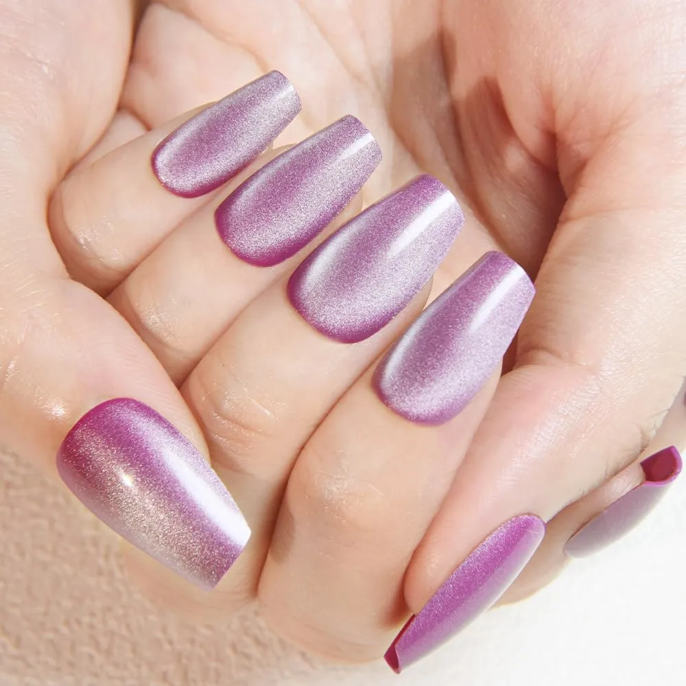 evpct No Glue Purple Cat Eye Coffin Press on Nails Square Medium, Medium Square Stick on Nails for Women Gift, Lavender Purple Metallic Glitter Glossy Reusable Summer Press on Fake Nail with Designs