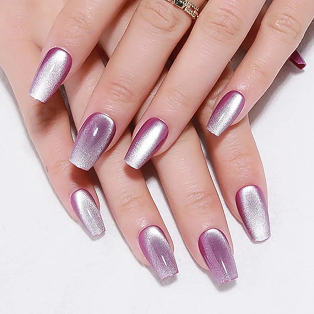 evpct No Glue Purple Cat Eye Coffin Press on Nails Square Medium, Medium Square Stick on Nails for Women Gift, Lavender Purple Metallic Glitter Glossy Reusable Summer Press on Fake Nail with Designs