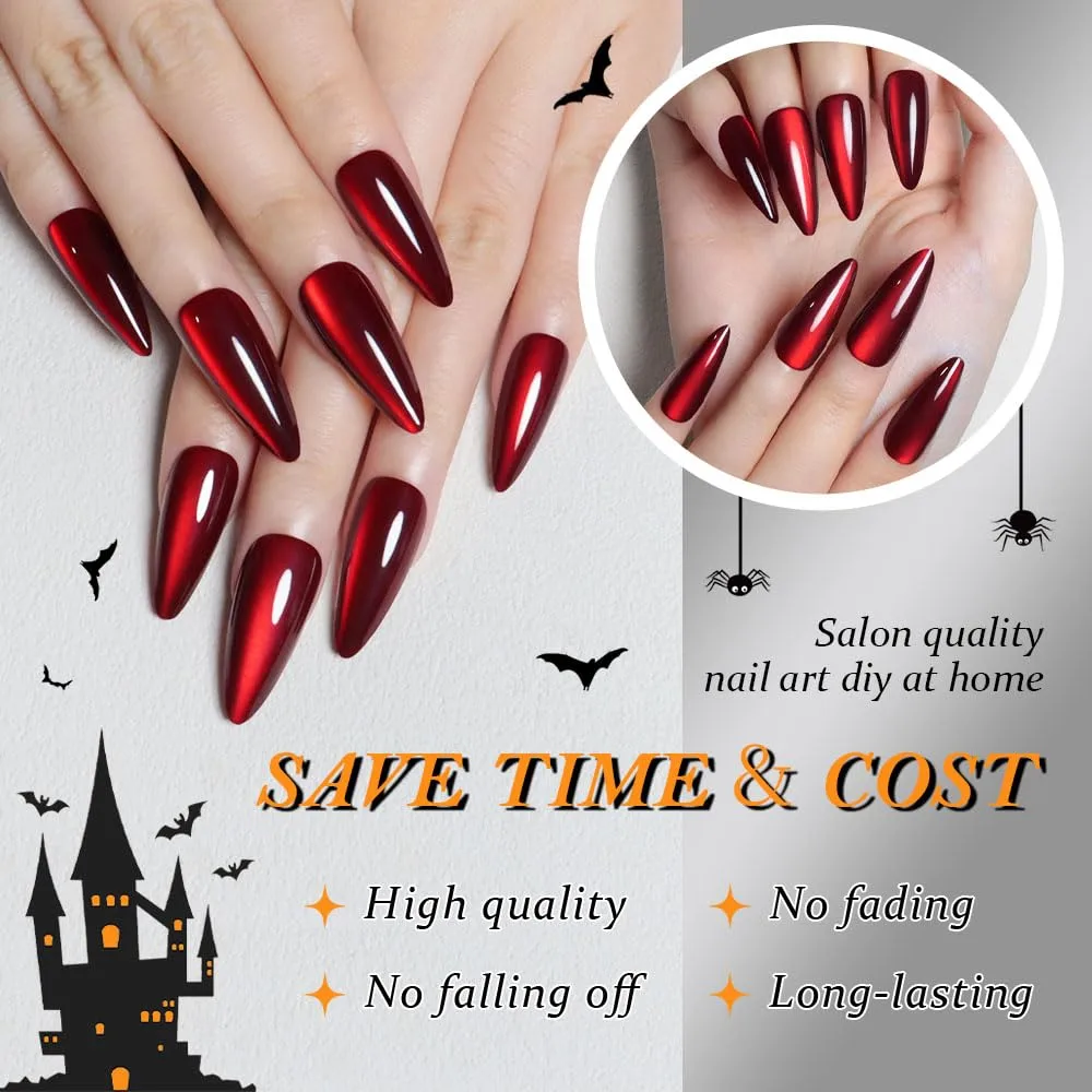 evpct Dark Red Cat Eye Press on Nails Almond Long, Soft Stick on Nail Long Almond for Women Gift, Bloond Red Metallic Glitter Soft Gel Reusable Press on Acrylic Fake Nail with Designs
