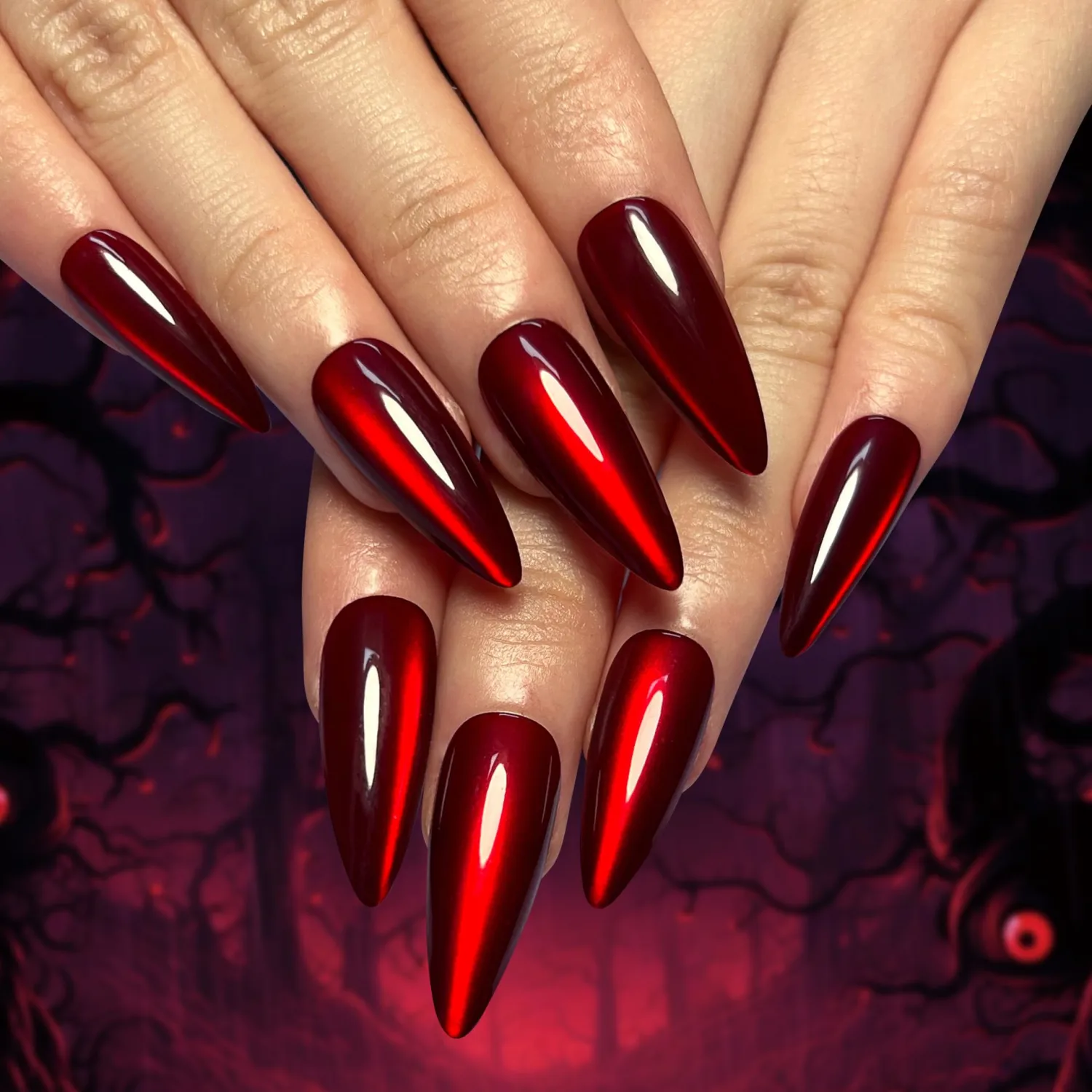 evpct Dark Red Cat Eye Press on Nails Almond Long, Soft Stick on Nail Long Almond for Women Gift, Bloond Red Metallic Glitter Soft Gel Reusable Press on Acrylic Fake Nail with Designs